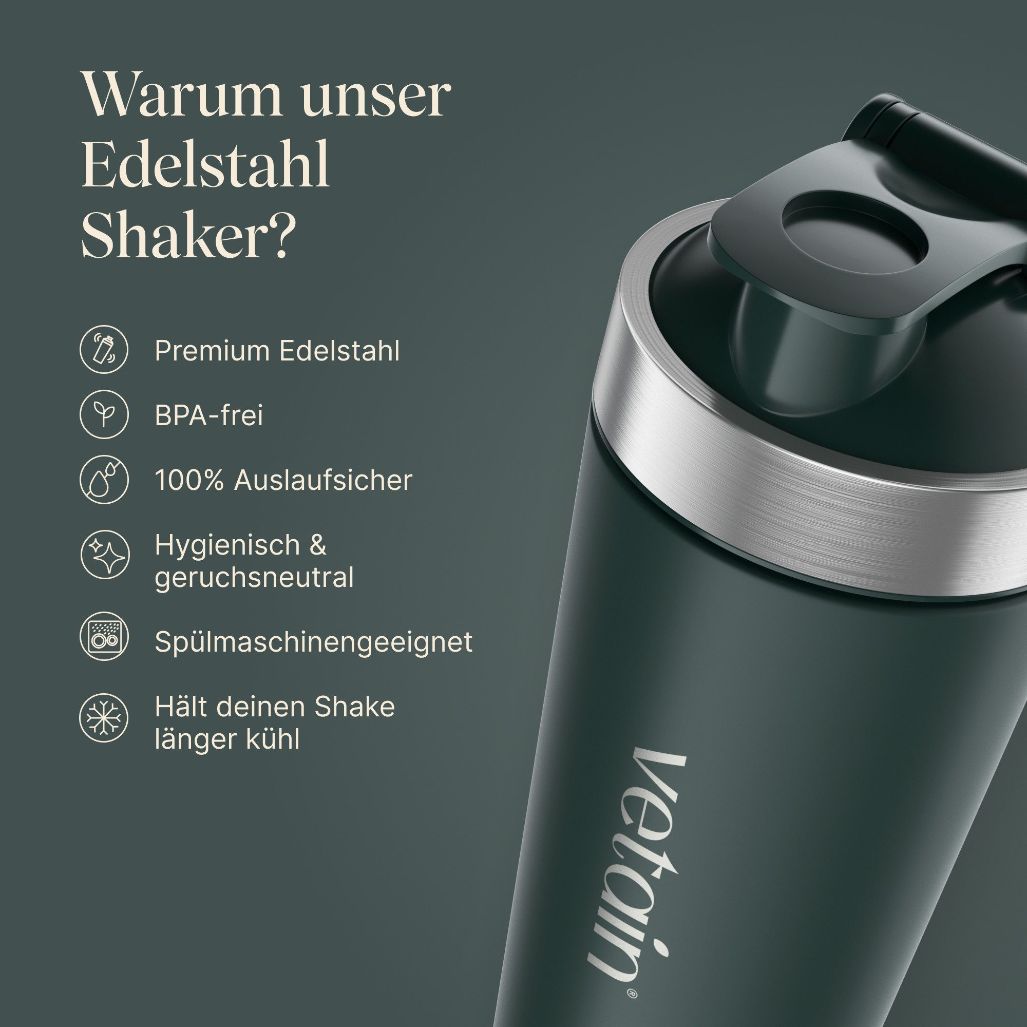 VETAIN Protein Shaker Edelstahl 700ml - 100% Auslaufsicher, Außen gravierte Messskala - Frei von BPA & DEHP - Spülmaschinenfest