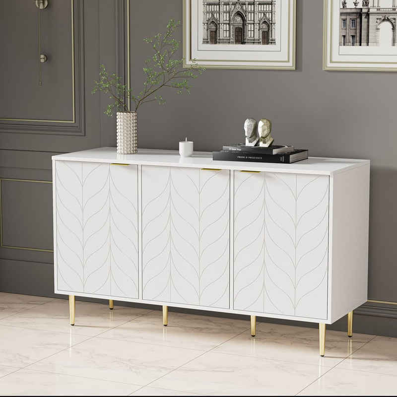 BlingBin Sideboard Modernes Nachttisches 2 Etagen und 6 Fächer 127B*45T*75H, weiß (Kommode für Schlafzimmer, Wohnzimmer und Badzimmer), mit vergoldeten Beinen und Griffen, lackiert, Abgerundete Ecken