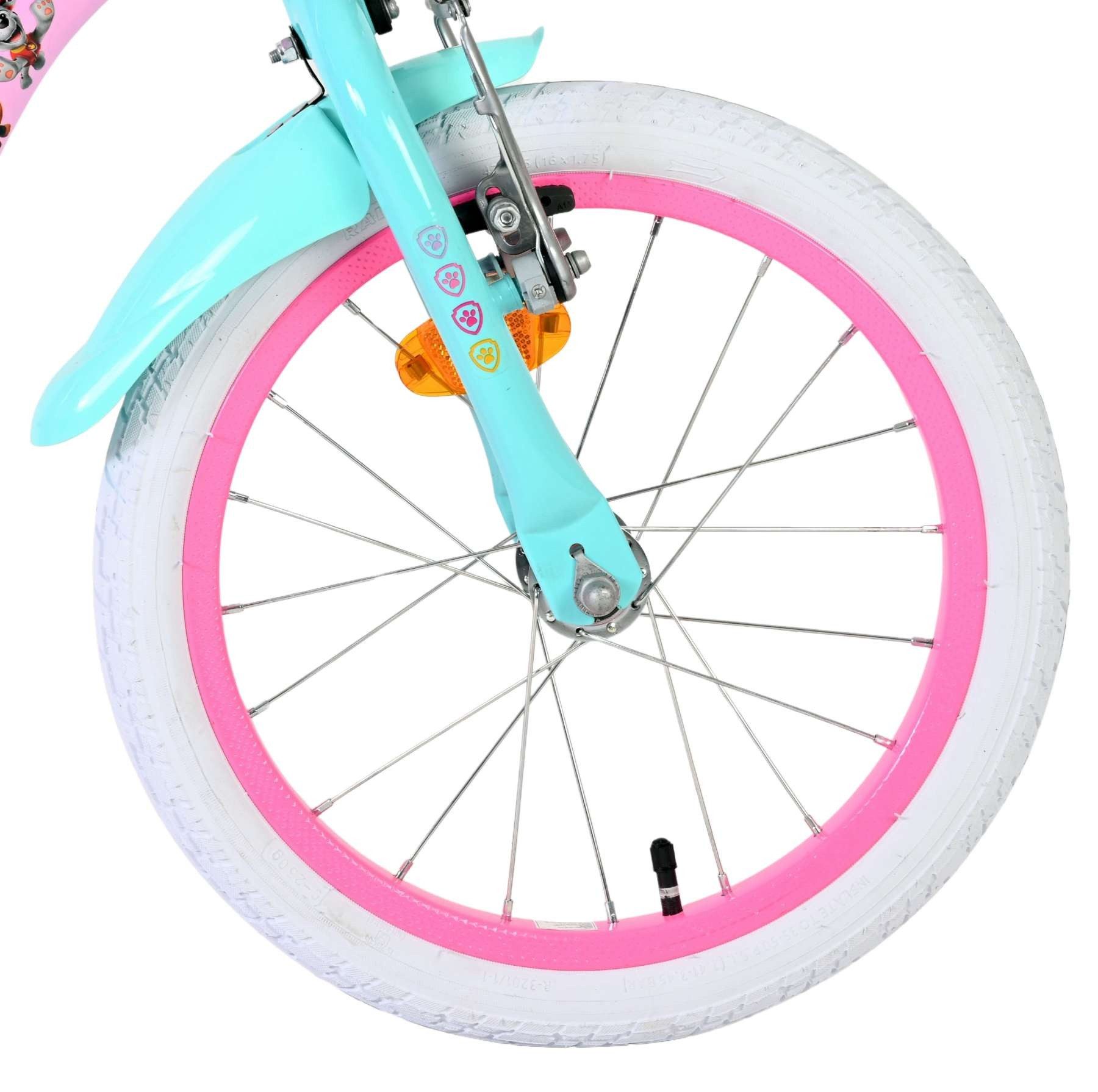 Volare Kinderfahrrad Paw Patrol Mädchen 16 Zoll Rosa - Korb, Puppensitz und Rücktrittbremse, Rücktrittbremse und Handbremse, geschlossener Kettenschutz
