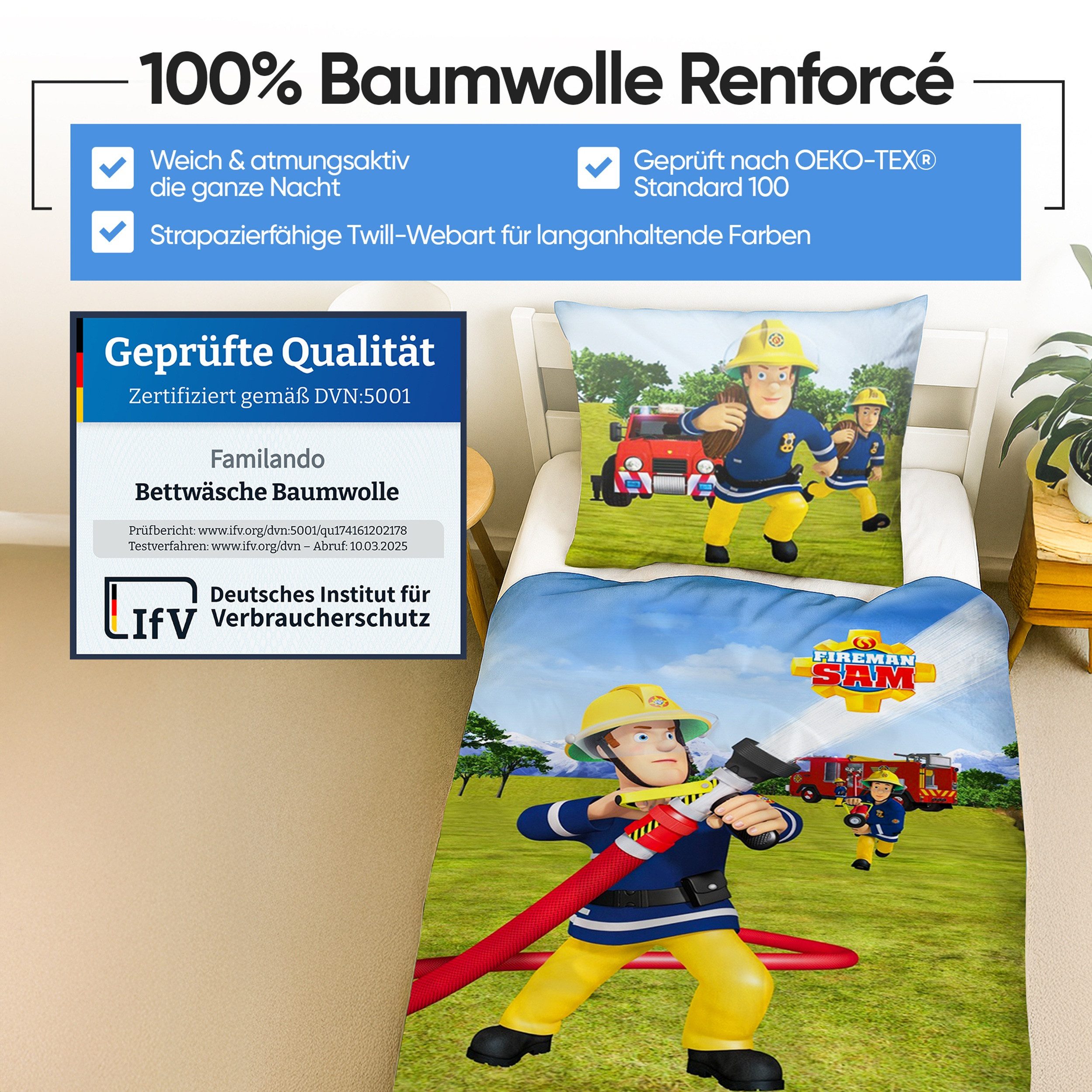 Familando Kinderbettwäsche Feuerwehrmann Sam 135x200 + 80x80 cm - 100% Baumwolle - Reißverschluss, Renforcé, 2 teilig, mit Wendemotiv auf Decke und Kissen – Bild 5 von 5