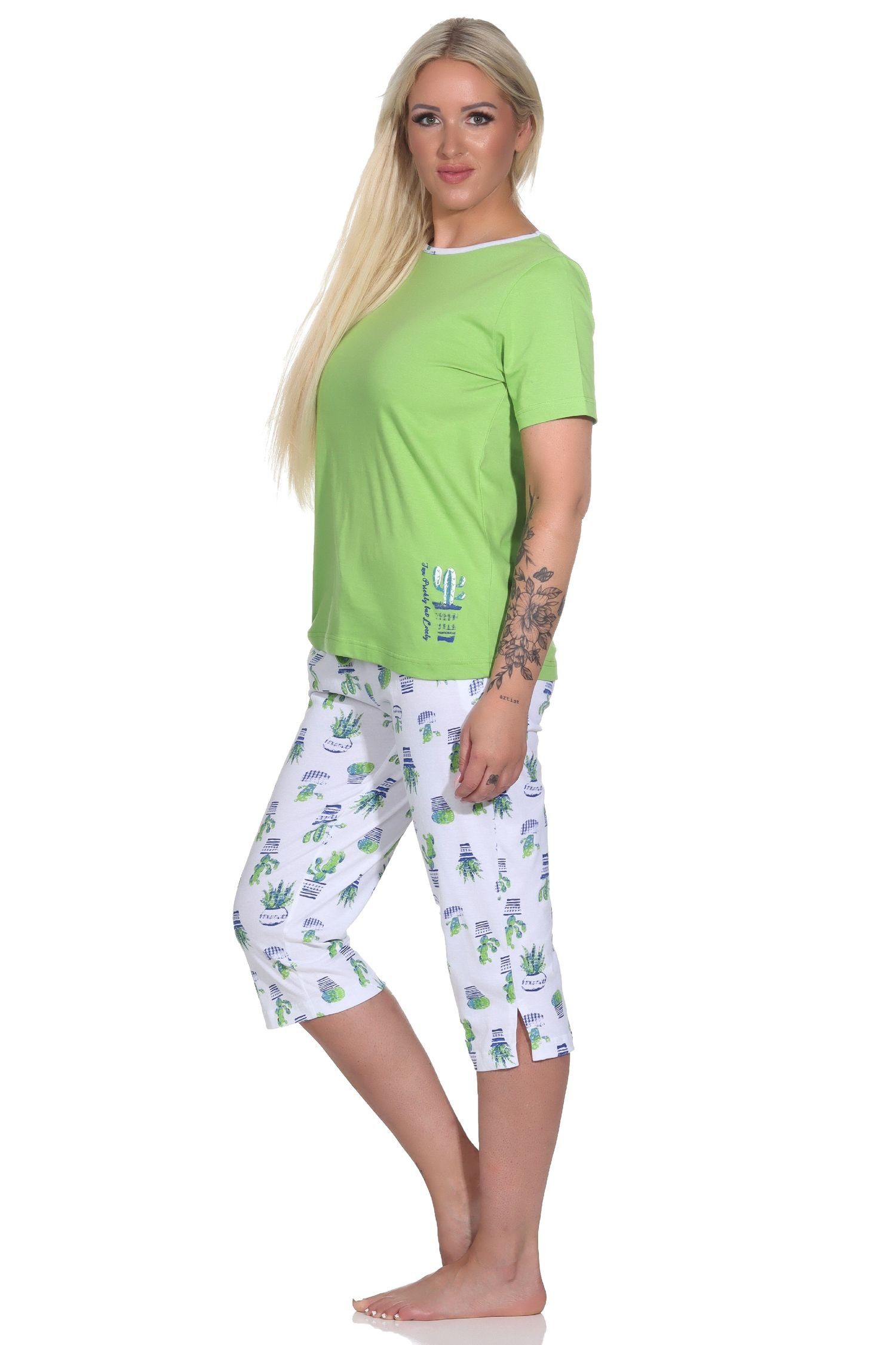 Normann Pyjama Damen Capri Kaktus grün Motiv Kurzarm Schlafanzug mit als