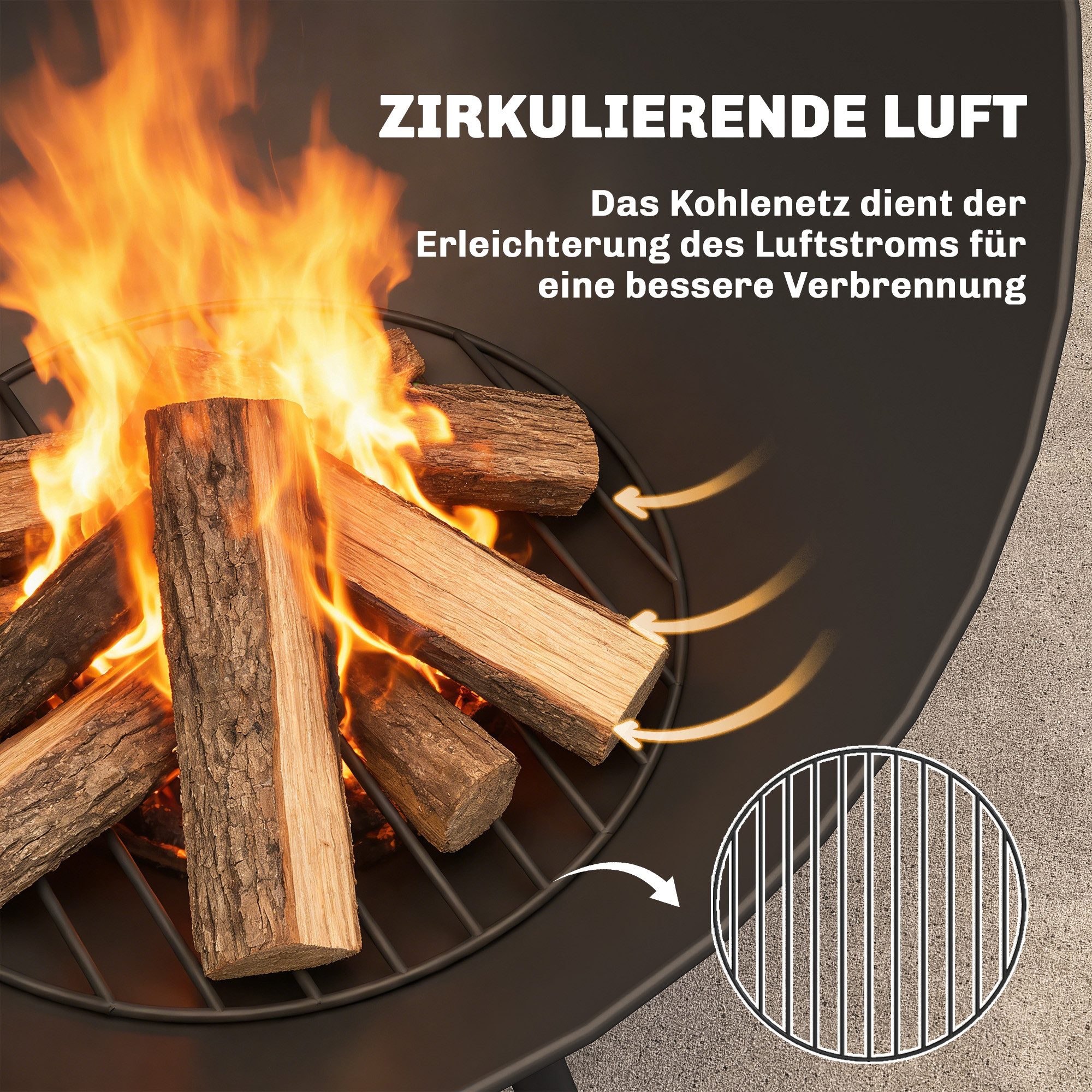 MC Star Feuerschale Feuerschale 60 x 53 x 66cm verstellbar Feuerstelle, (mit Schürhaken Kohlegitter Ständer Schwarz)
