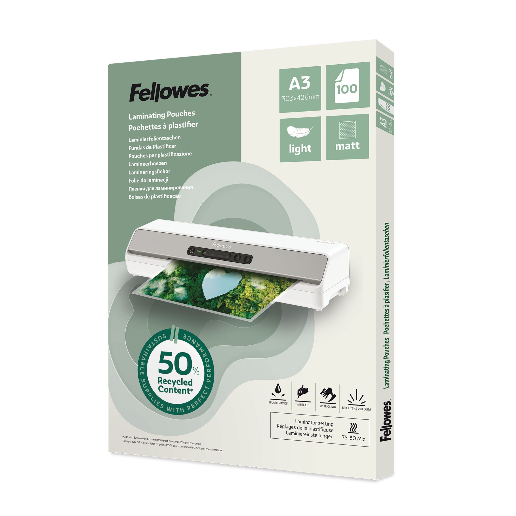 FELLOWES Laminierfolie Fellowes A3 Laminierfolien – 100 Stück, 75/80 Mikron, Matt – 50% Recy, A3, 80 µm, Matt, 100 St., 50% Recyclinganteil, Matt