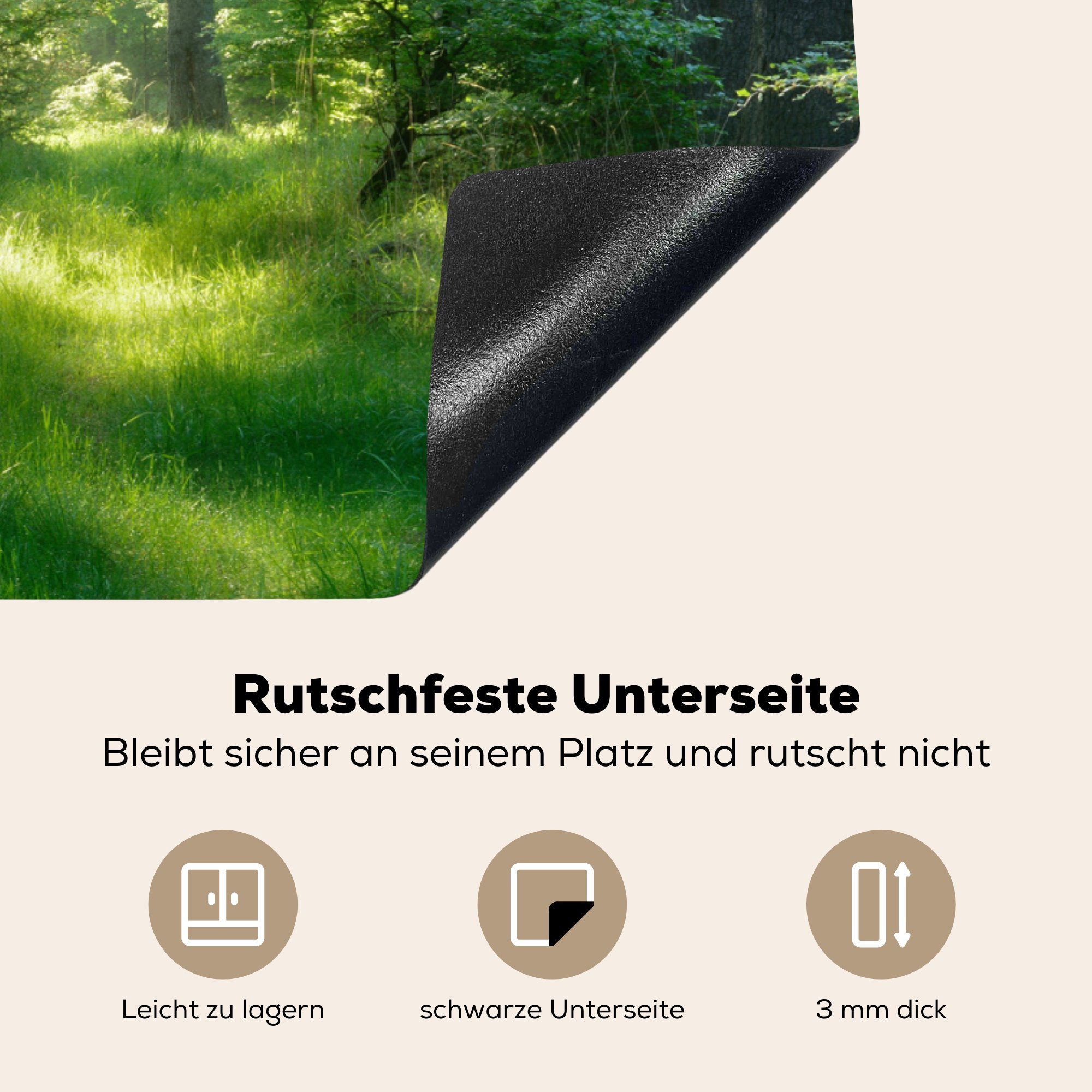 MuchoWow Arbeitsplatte Herdblende-/Abdeckplatte - - Gras (1 Ceranfeldabdeckung, Pflanzen, Vinyl, küche Natur 81x52 - cm, für - Sonne tlg), - Grün - Wald Bäume