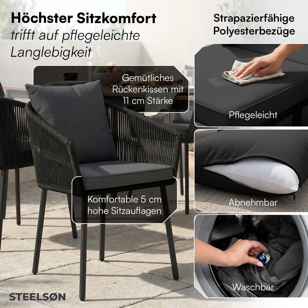 STEELSØN Gartenstuhl Nair mit Sitzauflagen & Kissen (4er Set, schwarz), Gartensessel aus Polyrattan, elastisches Seilgeflecht, wetterbeständig