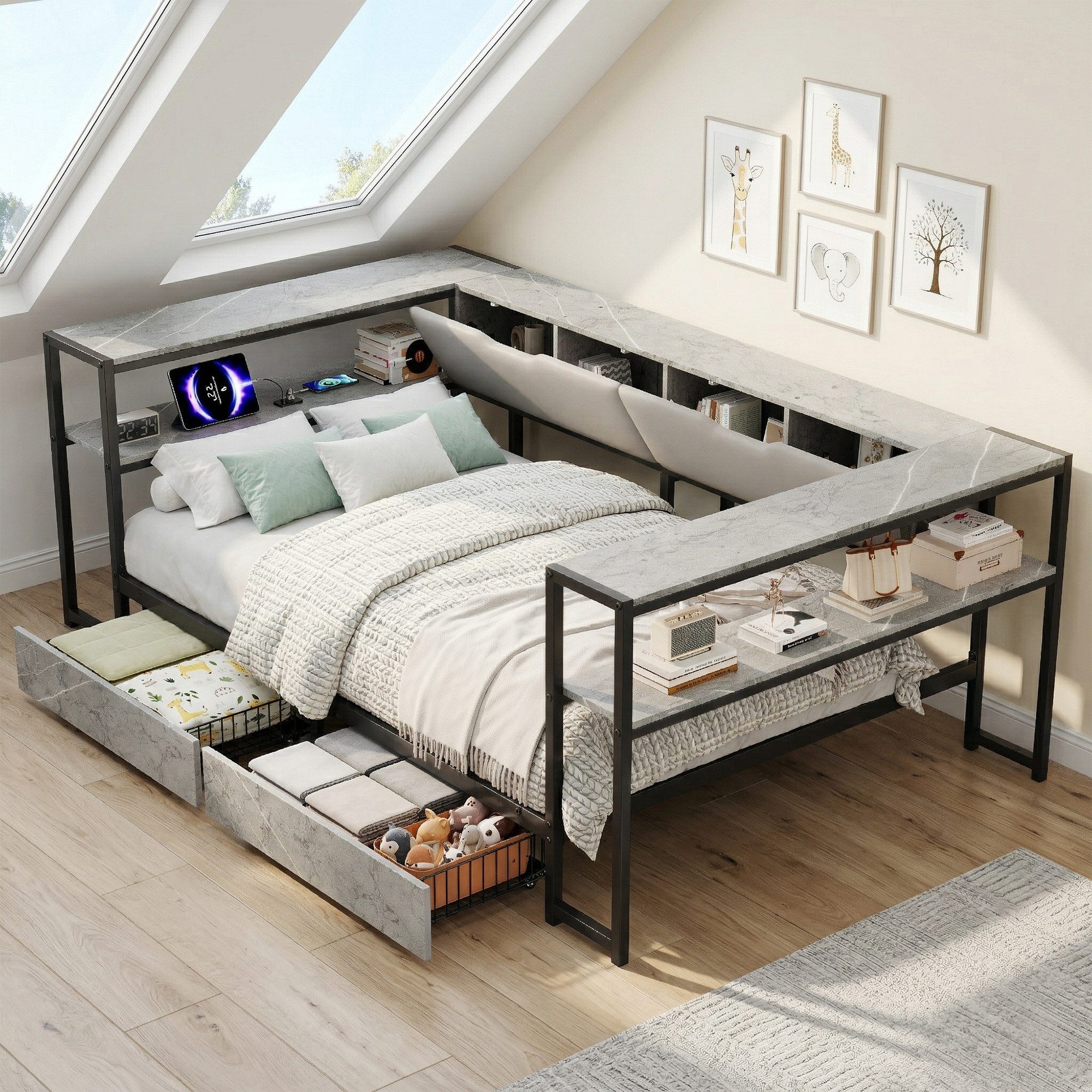 BlingBin Polsterbett 90x200cm Schlafsofa mit USB & Typec-Ladestation, Daybett, Tagesbett (1er Set, 1-tlg., Belastbarkeit maximal: 300KG, Ohne Matratze), Jugendbett mit 2 Schubladen und Lattenrost aus Metall, Betonfarbe