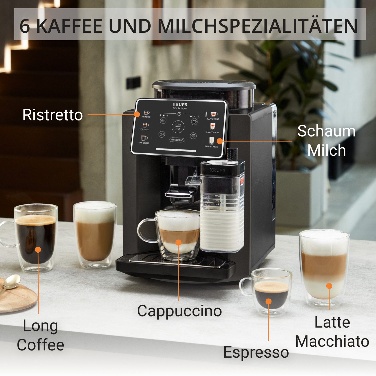 Krups Kaffeevollautomat EA9129 Sensation Milk, 6 Kaffee- und Milchspezialitäten, aut. Reinigung, Metall-Brühgruppe