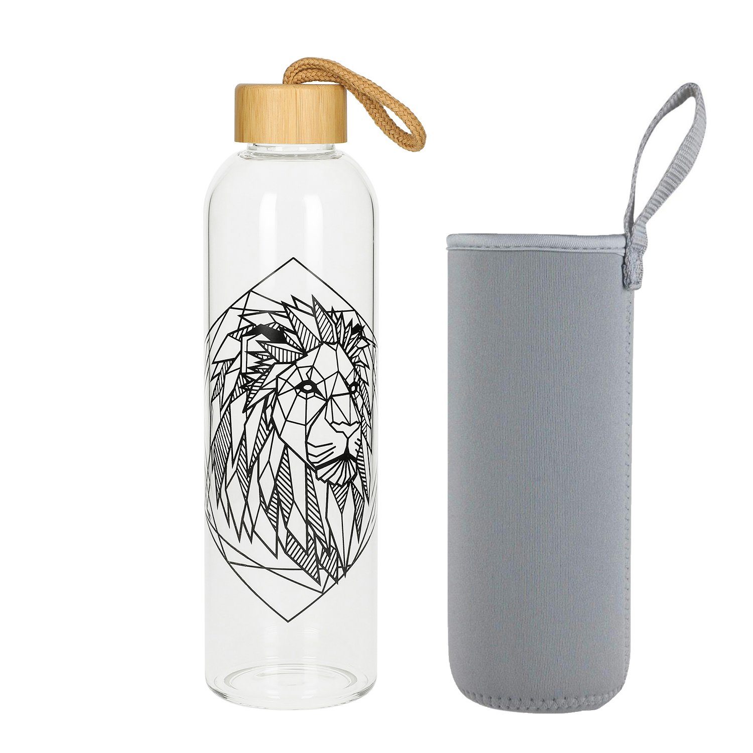 elasto Trinkflasche 1 L Wasserflasche Bamboo Glasflsache inklusive Neoprentasche, Sportflasche, Für Unterwegs, Bottle, Schule und Arbeit, Kautschukhülle