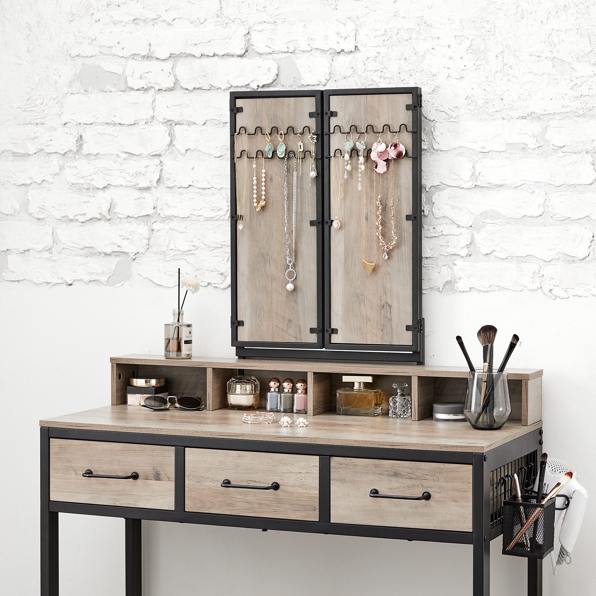 VASAGLE Schminktisch Frisiertisch mit Dreispiegel, 3 Schubladen, Haartrockner (1 Tisch mit 1 Hocker), mit gepolstertem Hocker, industrieller Stil – Bild 4 von 5