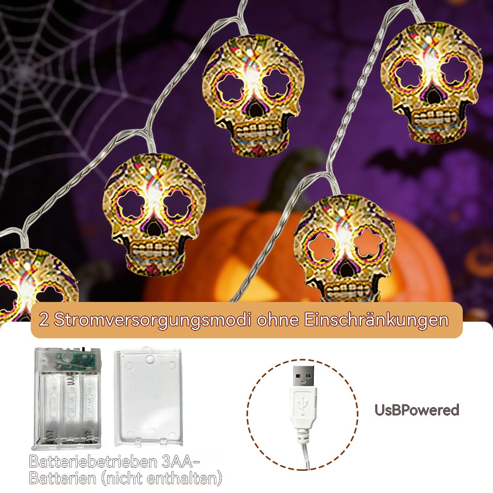 nsihing LED-Lichterkette Halloween Totenkopf-Lichterkette,Geister-Halloween-Dekoration, Hängende Lichterkette, für Innen- und Außenbereich, Zuhause, Garten – Bild 4 von 5