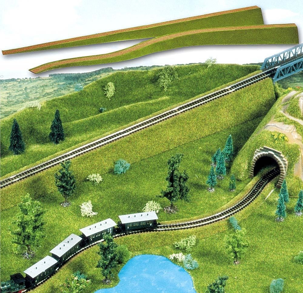Busch Modelleisenbahn-Spielunterlage Busch H0 3330 2 Auffahrten Bahndamm mit Böschung & Beflockung flex...