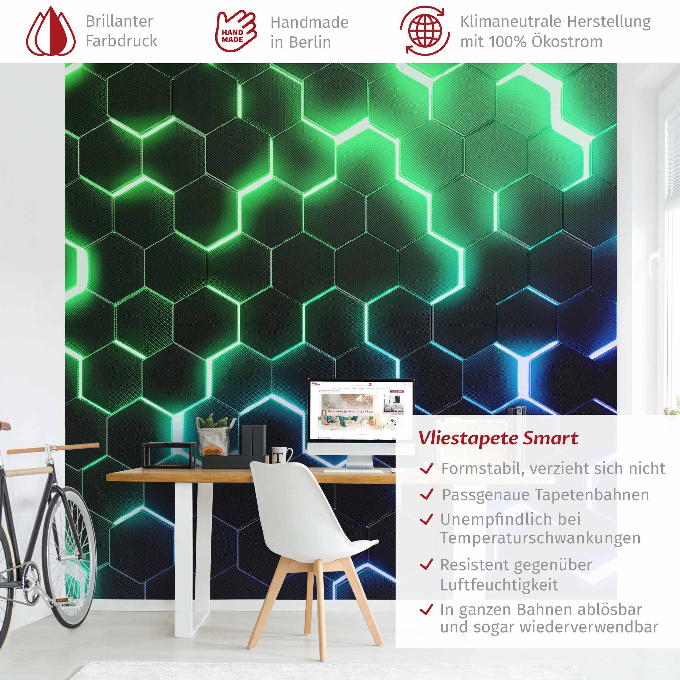 Bilderdepot24 Mustertapete Hexagone Neonlicht Grün 3D-Optik günstig online kaufen