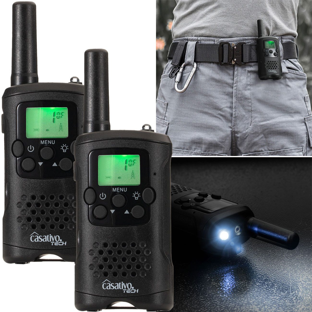 Casativo Funkgerät Gürtelclip & Taschenlampe, Walkie Talkie mit 10km Reichweite, (2-St., 2 Walkie Talkie), 8 Kanäle, Ladestation, 8 Stunden Sprechzeit