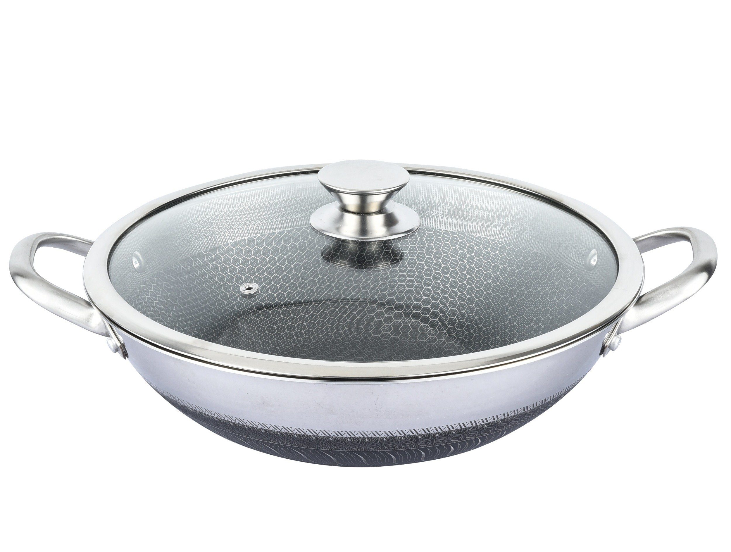 Cheffinger Wok Wok Pfanne Wokpfanne mit Glasdeckel Edelstahl Induktion Ø32cm, Material: Edelstahl, Glas (Wokpfanne mit Deckel)