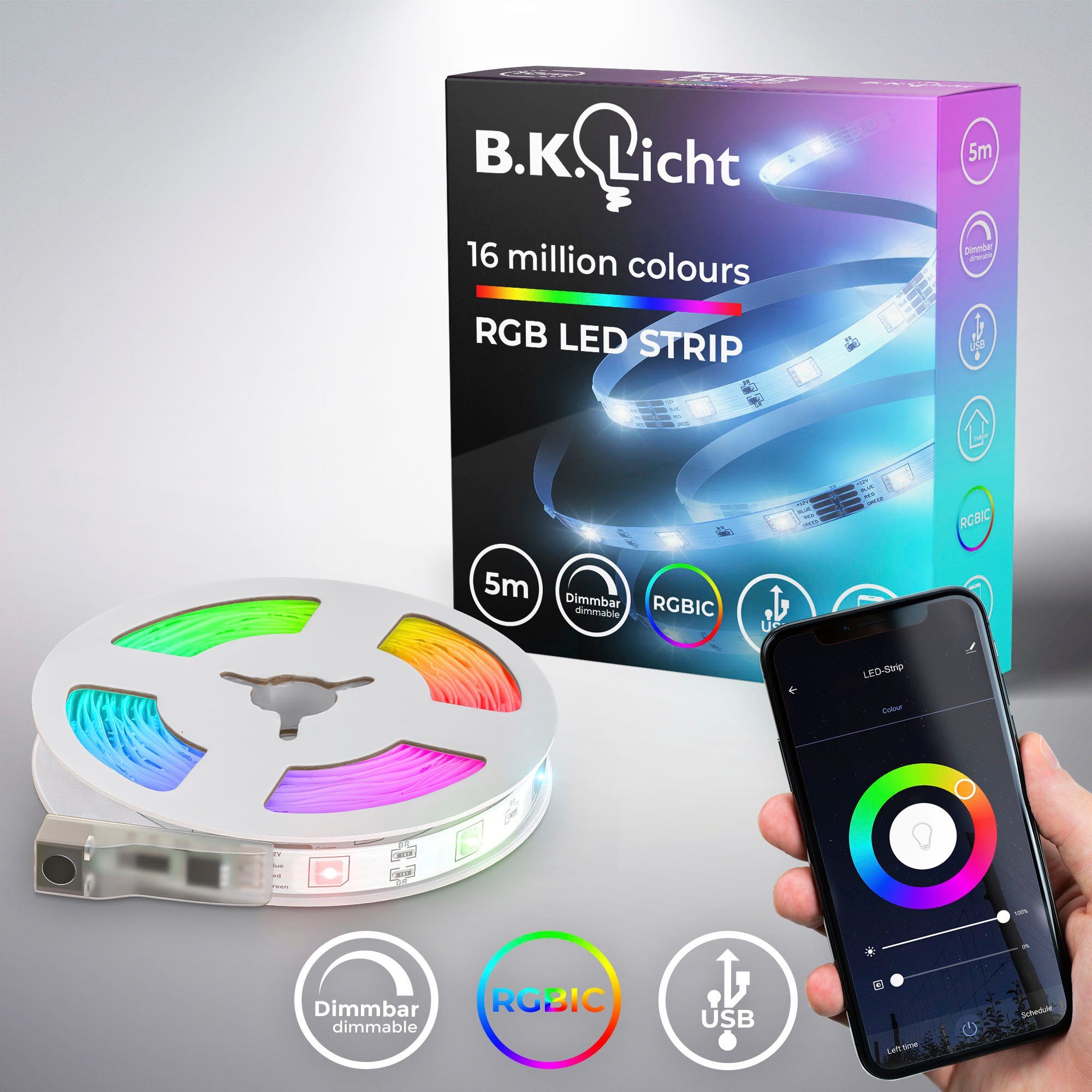 B.K.Licht LED-Streifen Wifi RGBIC USB, 150-flammig, Lichtleiste, mit Musiksensor, smartes LED Band, Selbstklebend