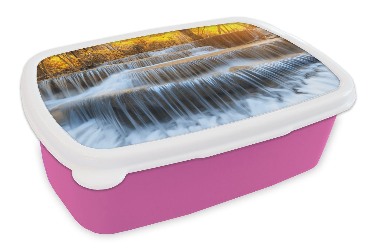 MuchoWow Lunchbox Wasserfall - Natur - Bäume - Herbst - Landschaft, Kunststoff, (2-tlg), Brotbox für Erwachsene, Brotdose Kinder, Snackbox, Mädchen, Kunststoff rosa