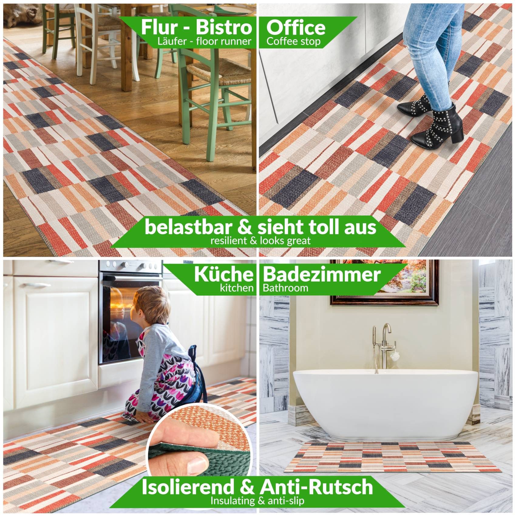 ANRO Küchenläufer Hochwertig Flurläufer Teppichläufer Textil, Eckig, Bodenläufer 100x52cm Line Patchwork Beige Grau pflegeleicht – Bild 5 von 5