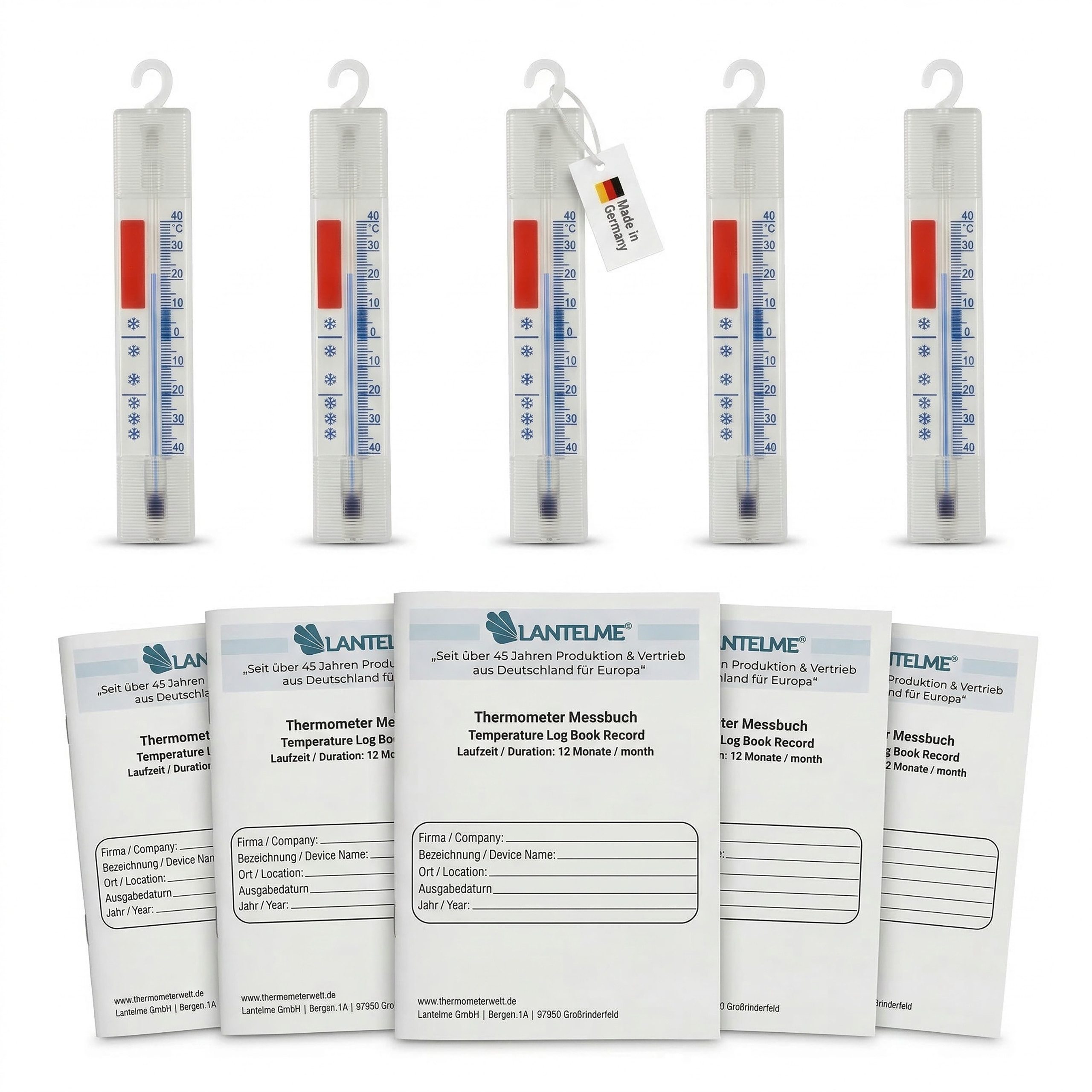 Lantelme Kühlschrankthermometer je 5 Stück und Messhefte für Temperaturen oder Notizen 12 Monate, Thermometer und Hefte aus Deutscher Herstellung, Temperatur und sonstige relevante Datennotizen 3 mal täglich