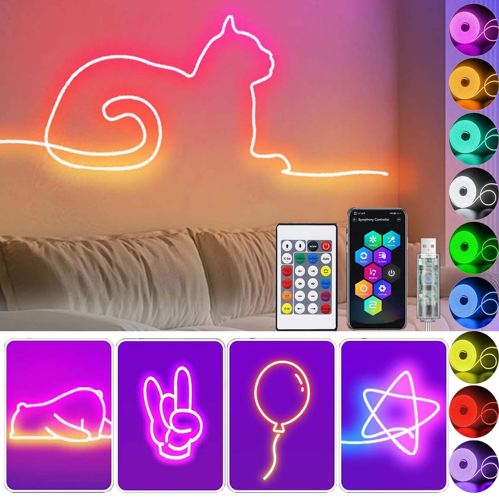 MUPOO LED-Streifen LED Neon Lichterkette, RGB Neonlicht, USB-betrieben, App & Fernbedienung, Musiksynchronisation für Gaming,Party,Heimdekoration