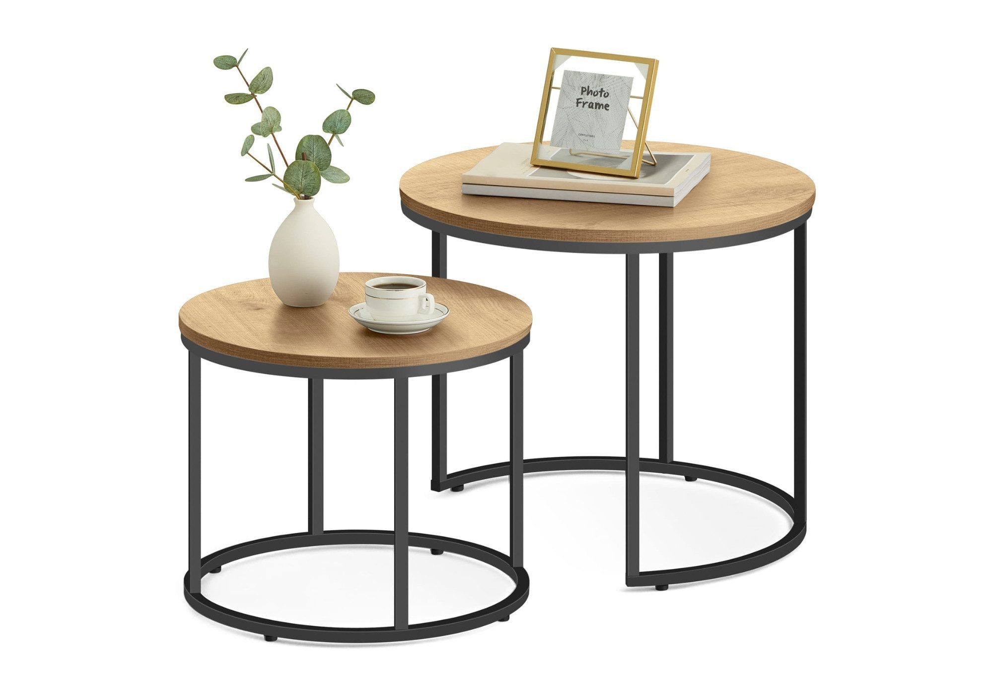Home Collective Couchtisch 2er Set Beistelltisch Loft Design 2in1 Verschachtelung Wohnzimmer, kratzfeste Oberfläche 53cm und 43cm Eiche mit schwarzen Beinen, rund