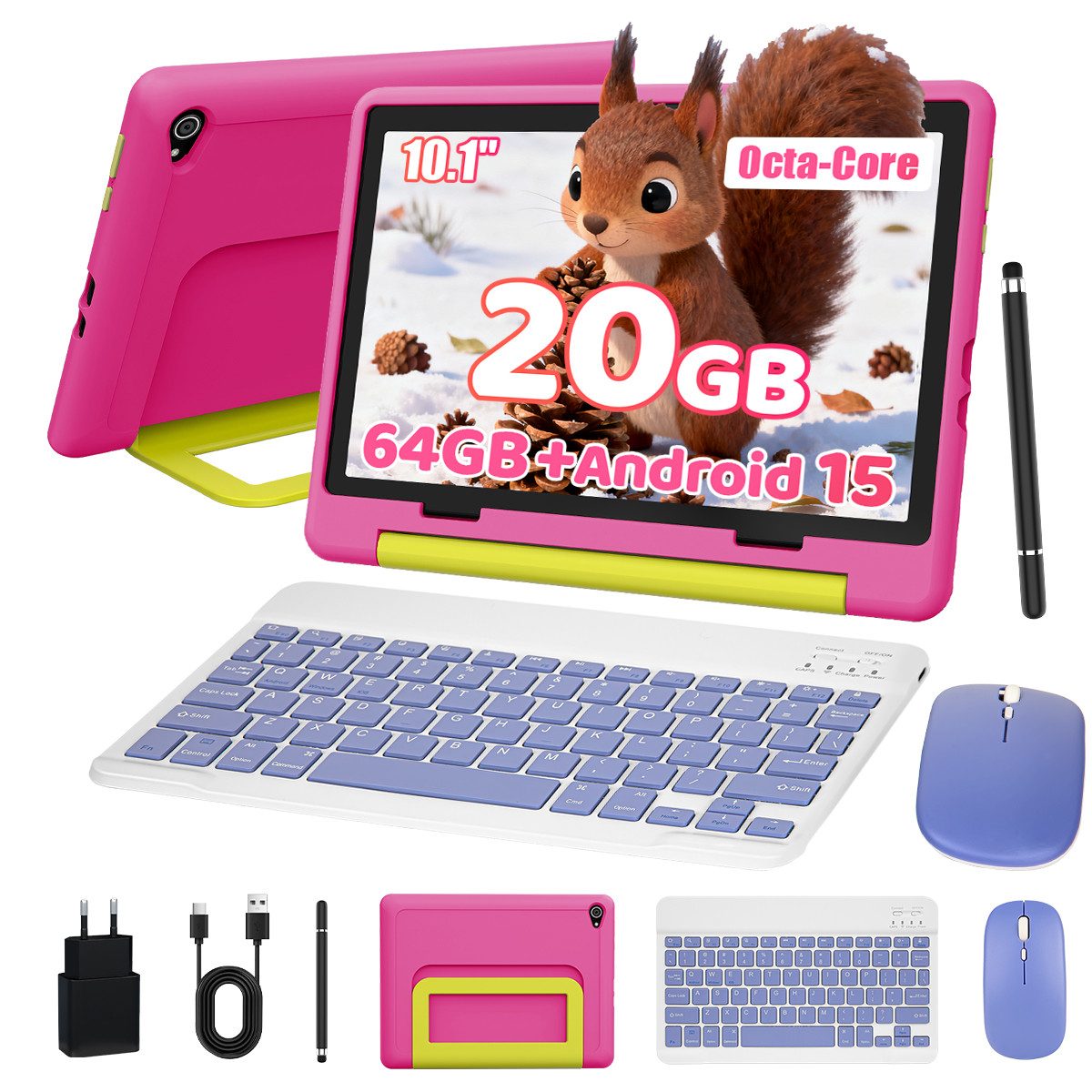 BUFO Android 15 10-Zoll, 20(3+17) GB RAM + 64 GB ROM (TF Expand 1TB) Kinder Tablet (10", 64 GB, Android 15, WiFi 6, mit Tastatur/Maus/Stift, Augenschutz-Tablet mit Eltern-Kontrolle)