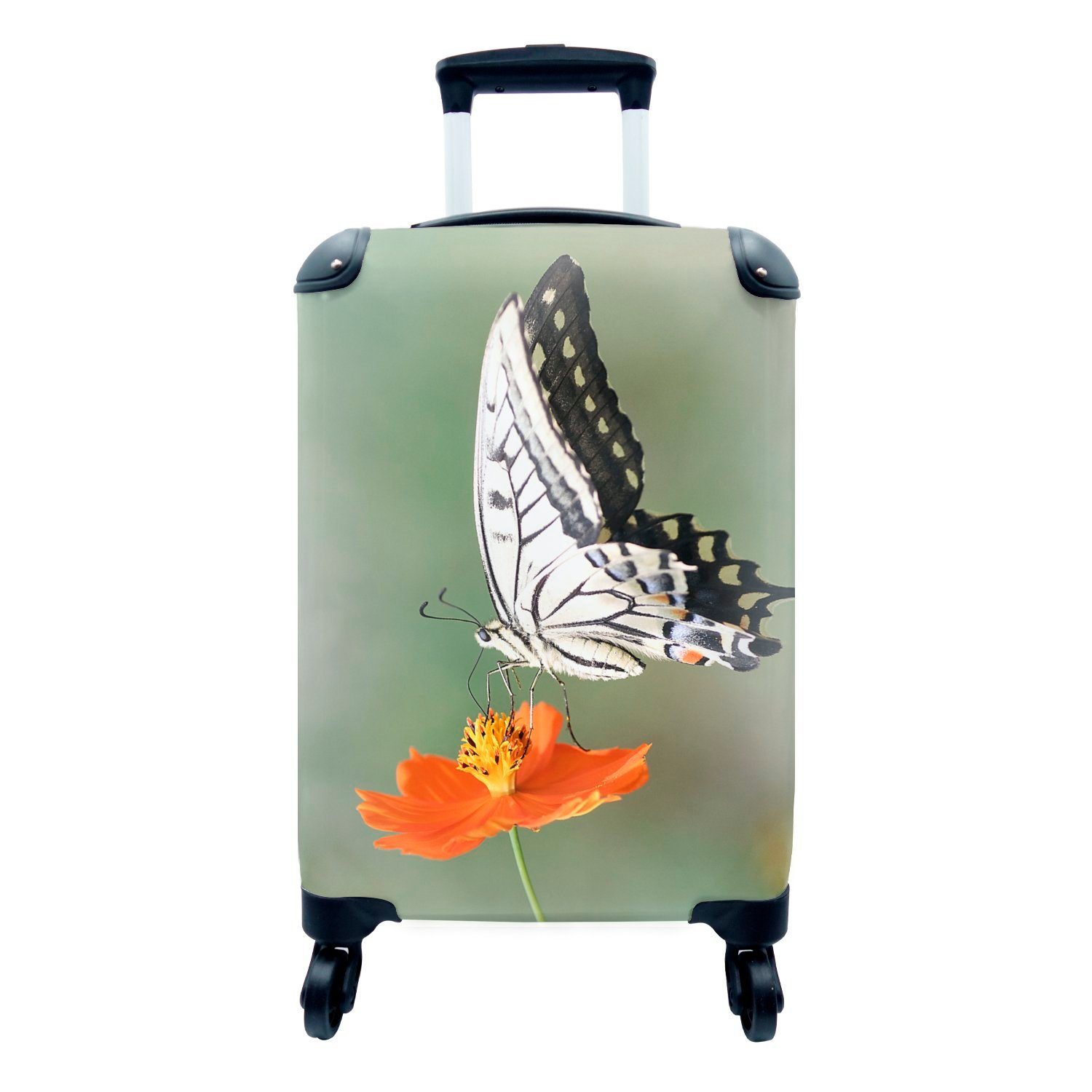 MuchoWow Handgepäckkoffer Weißer Schmetterling auf einer orangefarbenen Blüte, 4 Rollen, Reisetasche mit rollen, Handgepäck für Ferien, Trolley, Reisekoffer