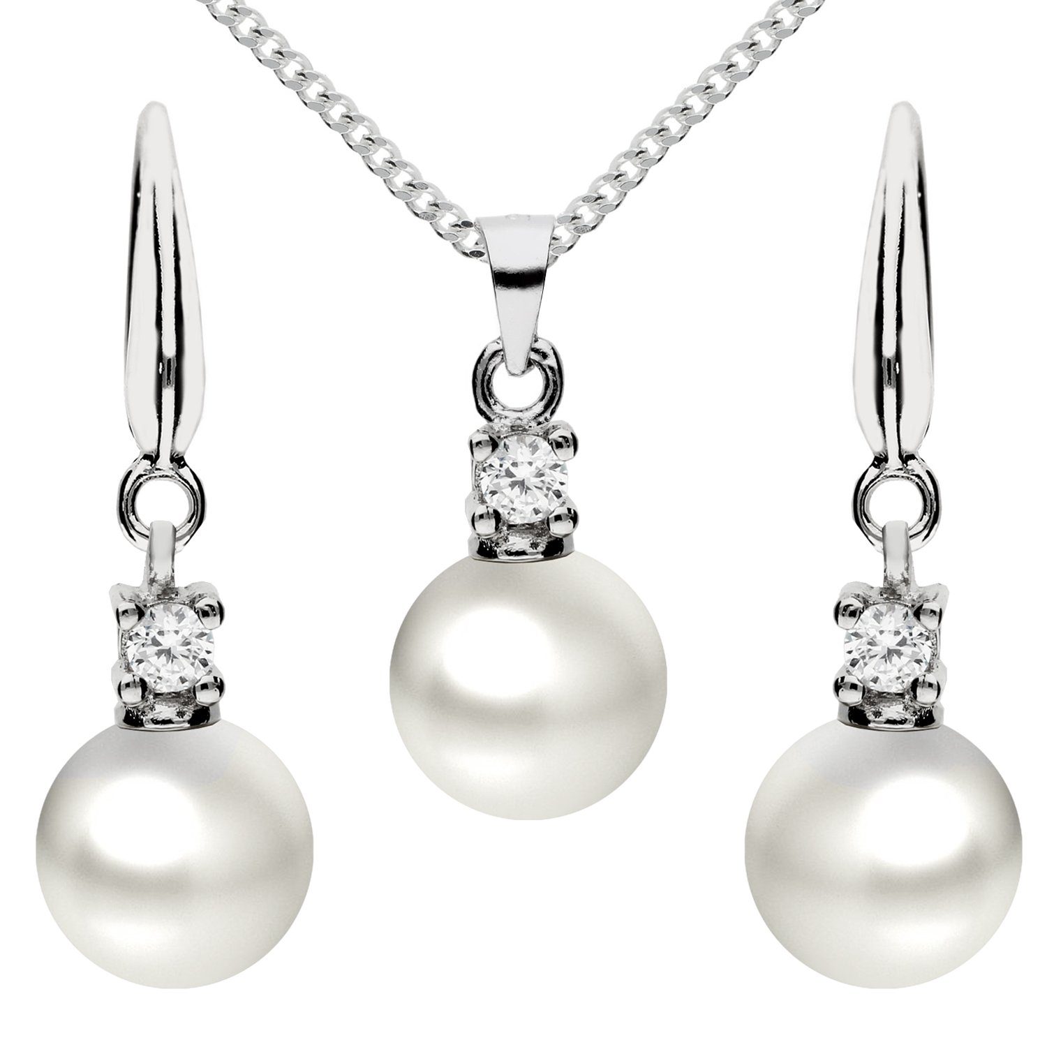 Bild von LÖB Ohrring und Ketten Set Damen Schmuckset 925 Silber Zirkonia mit Perlen, Halskette Ohrringe Hängend Set Perlenohrringe Perlenkette Ohrhänger Kette Strass Stein Perle Anhänger Brautschmuck Braut Hochzeit Klassisch Geschenke Für Frauen Freundin Mama zum Valentinstag Geburtstag