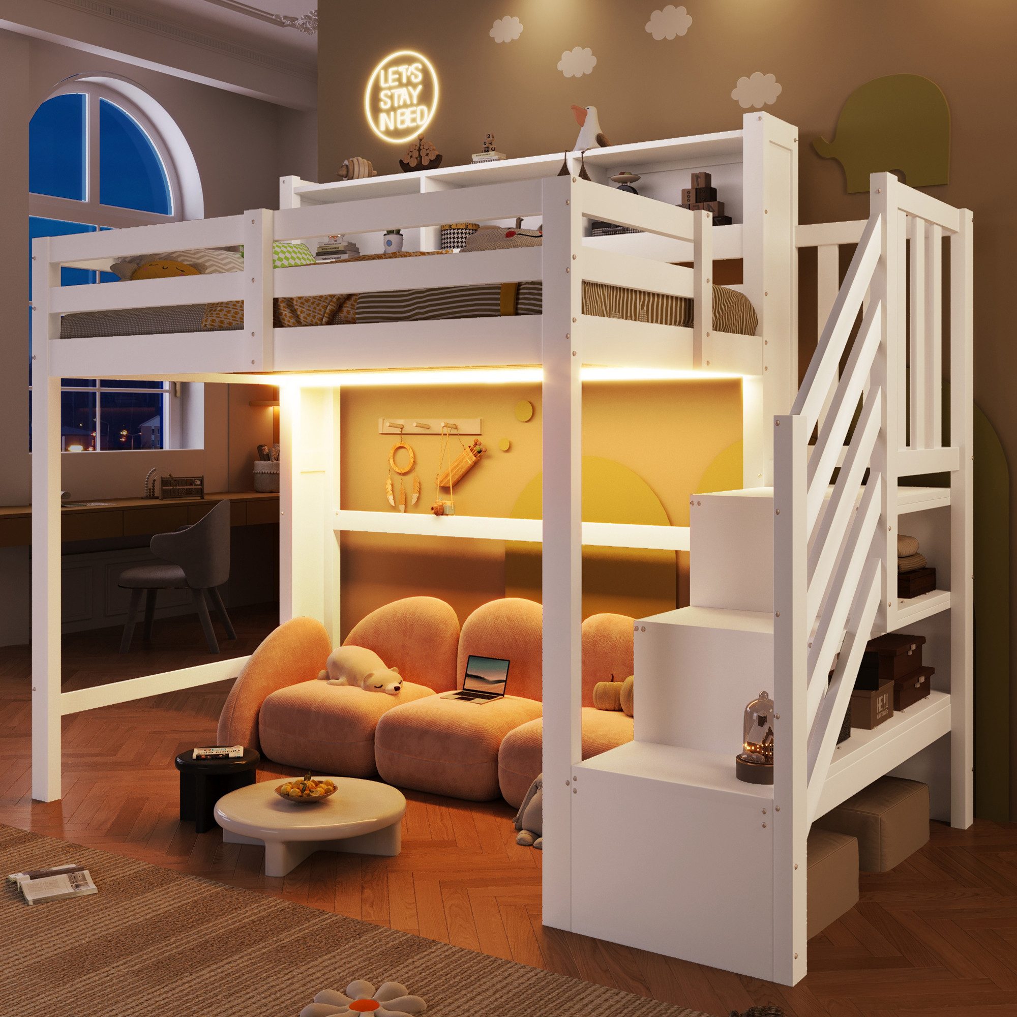 Merax Hochbett mit LED-Beleuchtung (1-St., Massivholz Jugendbett Einzelbett) Kinderbett 90x200cm mit Stauraumtreppe, Lagerregalen & Staufächern