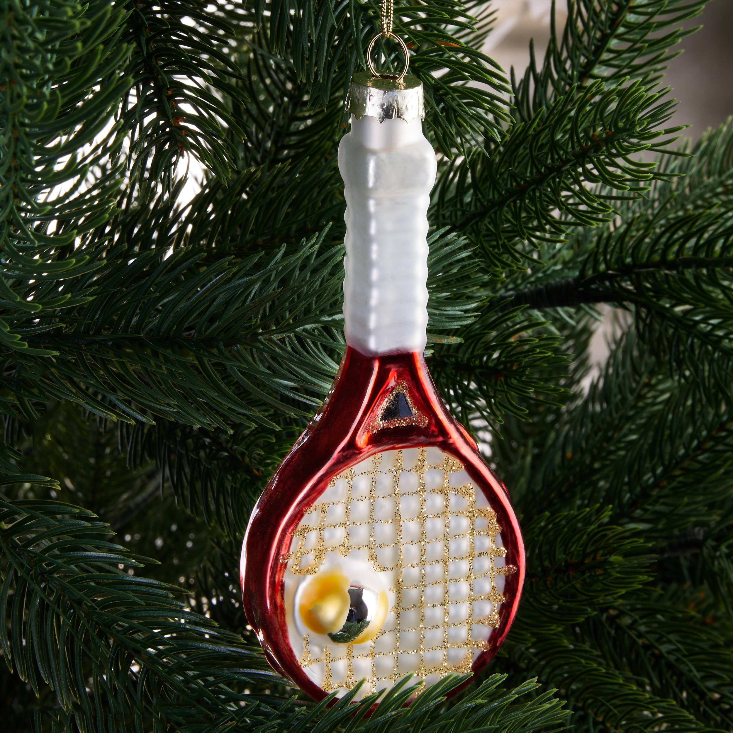 BRUBAKER Weihnachtsbaumkugel Tennisschläger Rot mit Tennisball Weihnachtskugel aus Glas Handbemalt (1 St), Tennis Sport Christbaumschmuck Lustig