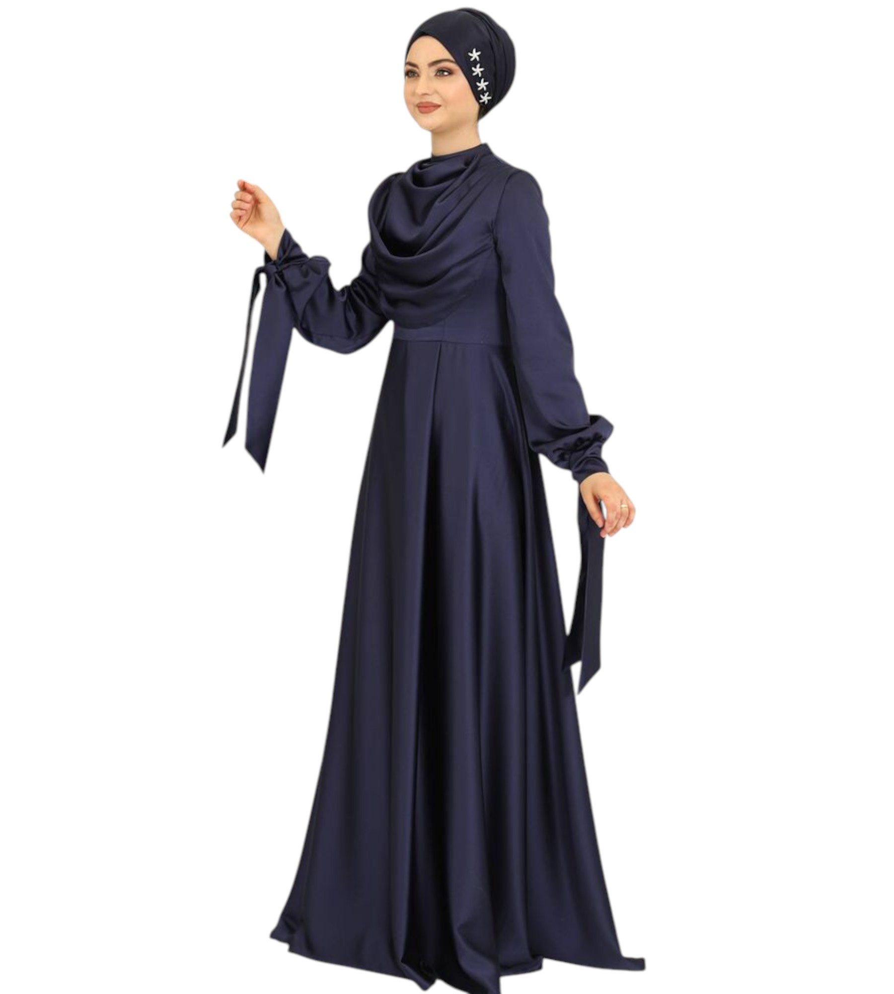 fashionshowcase Abendkleid Damen Maxikleid Satinkleid langarm Modest Fashion