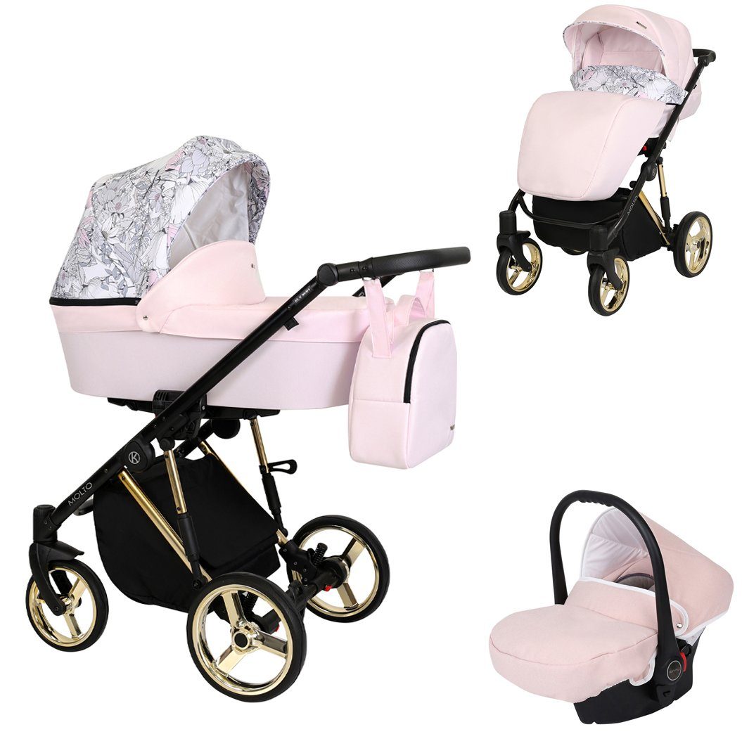 babies-on-wheels Kombi-Kinderwagen Molto Edition 3 in 1 inkl. Autositz -13 Teile- von Geburt bis 4 Jahre Rosa-Dekor = Gestell gold