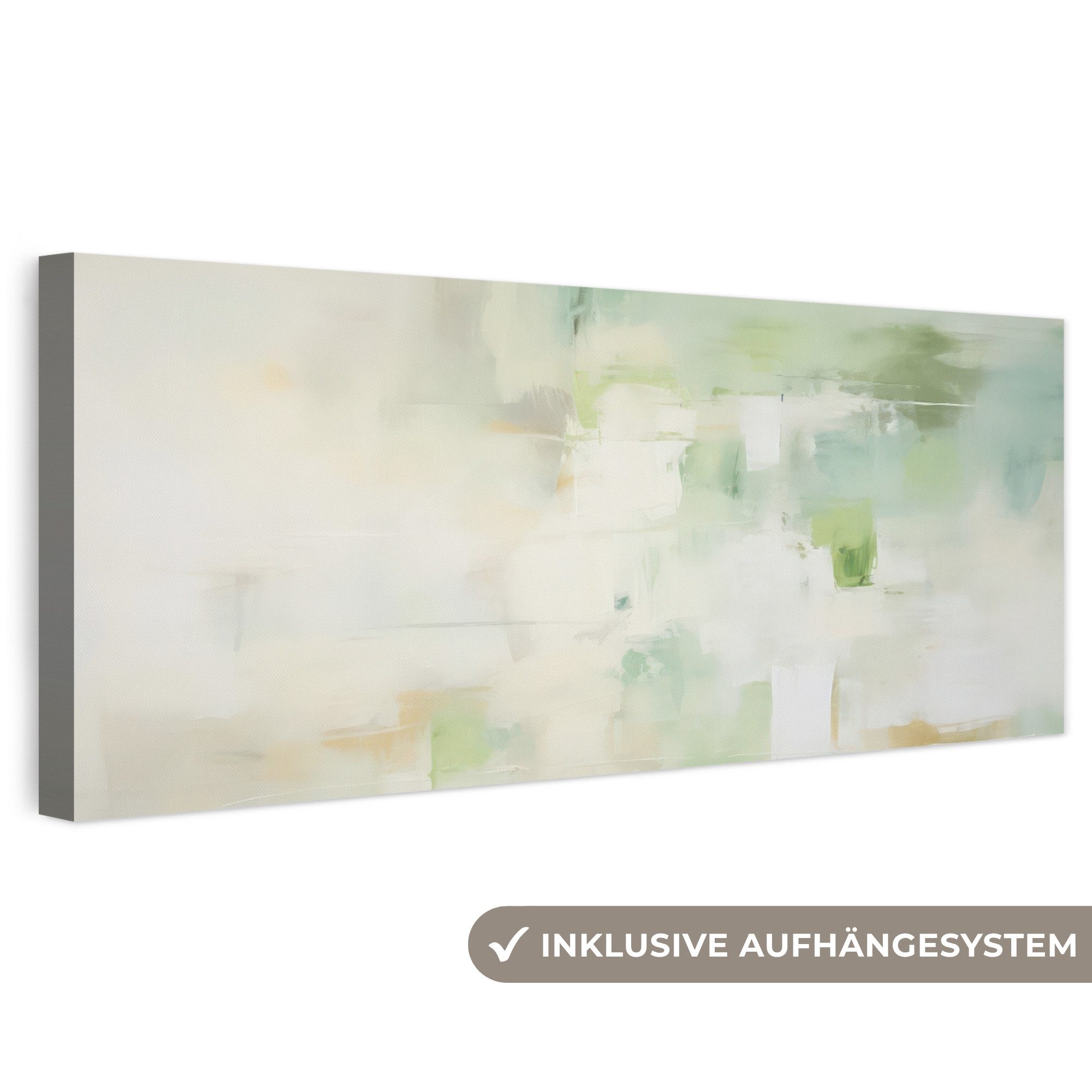 OneMillionCanvasses® Leinwandbild Panorama Abstrakt - Kunst - Weiß - Grün - Modern, Fotodruck (1 St), Wandbild, Deko Schlafzimmer Wohnzimmer Flur 60x20 cm