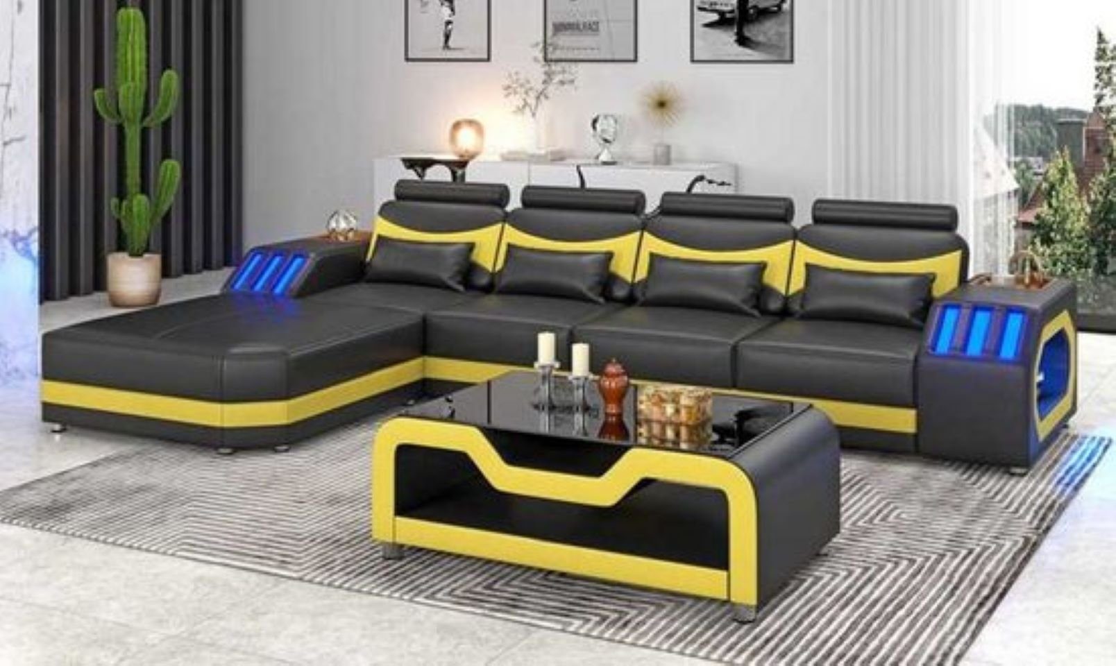 JVmoebel Ecksofa Modern Ecksofa Ledersofa L Form Couch Sofas Luxus Eckgarnitur LED, 3 Teile, Made in Europe Schwarz/Gelb