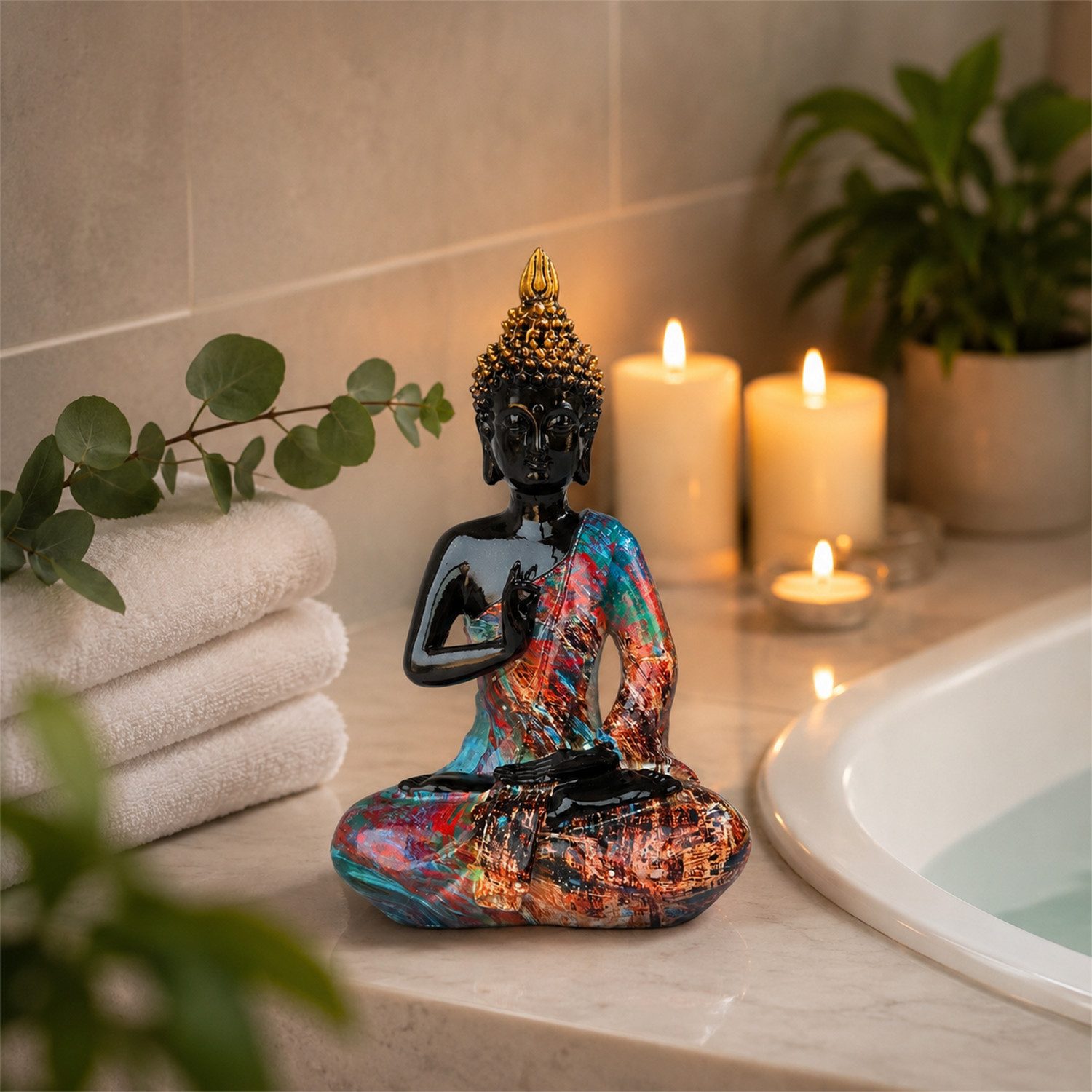 INtrenDU Buddhafigur bunt 26 cm sitzend im Pop-Art-Stil (1 St), Möbelschonende Filzfüße – Bild 5 von 5