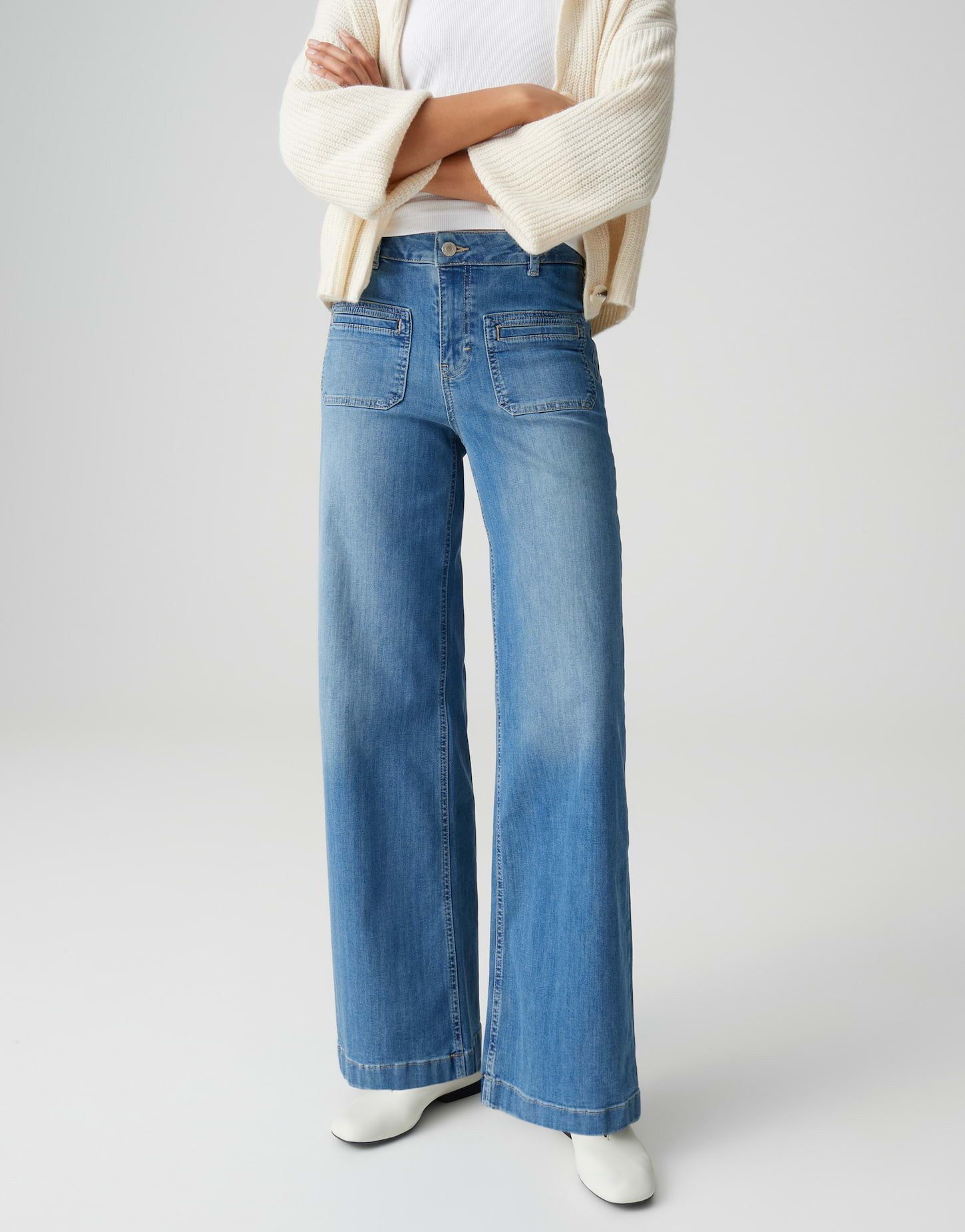 OPUS PANTS Palazzohose MELLY GROOVY aus BCI Cotton Mix Mid Rise Palazzo Fit, Long, leichte Used-Effekte