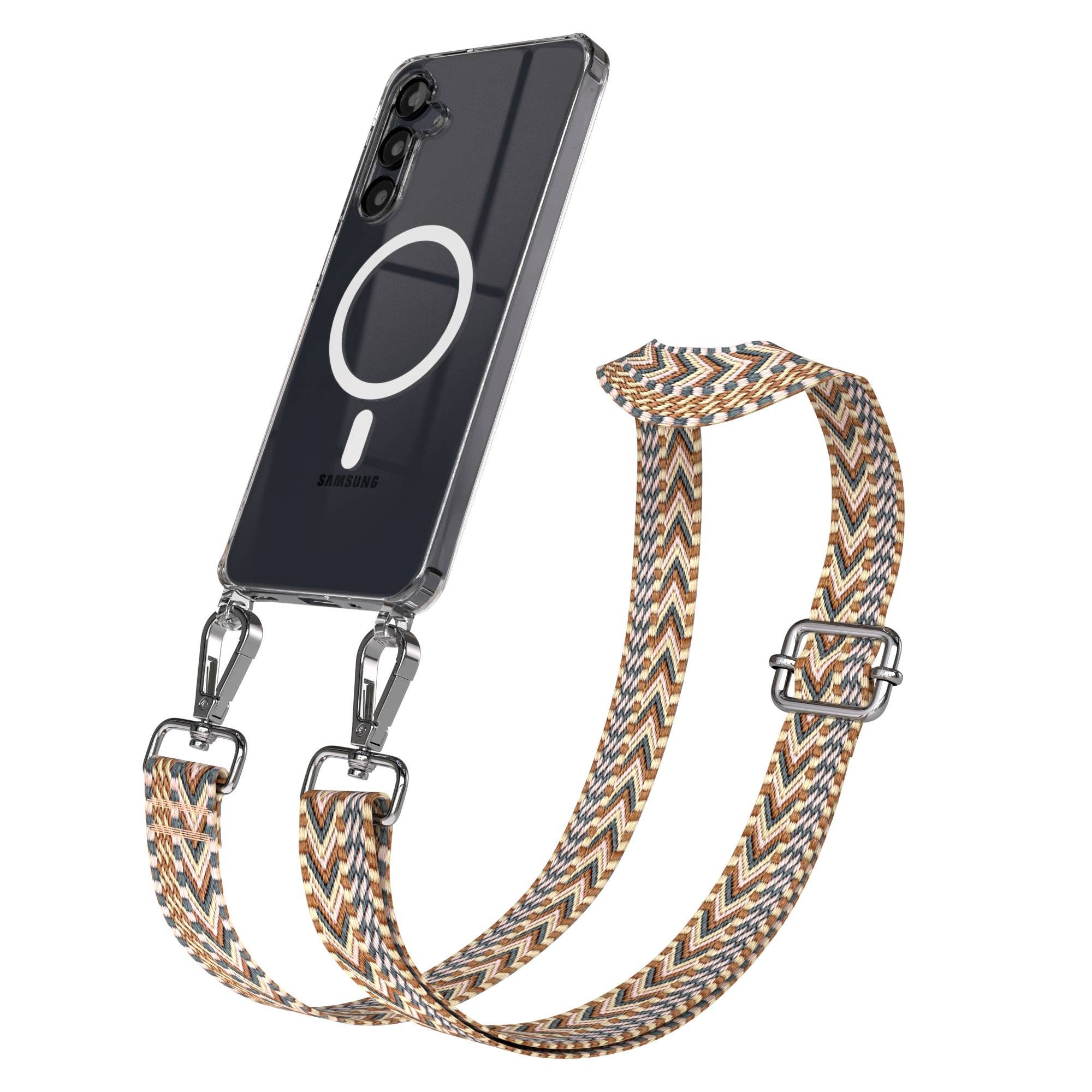 EAZY CASE Handykette Umhängeband MagSafe Hülle für Samsung Galaxy A16 6,7 Zoll, Schulterriemen Taschenband Handyband Clear Hülle mit Band Braun Mix