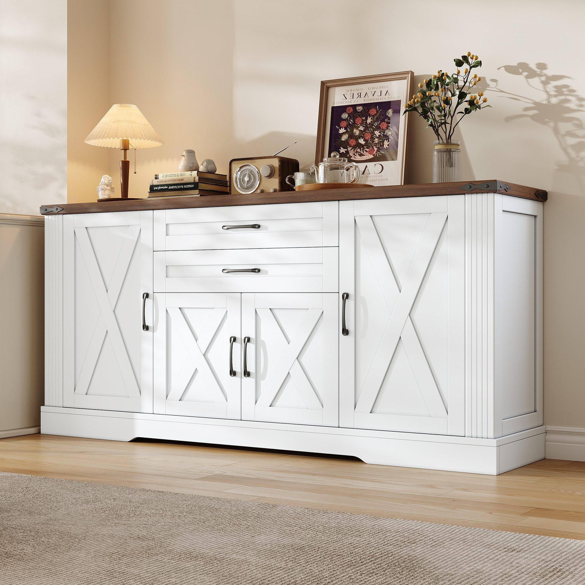 Merax Sideboard mit Arbeitsplatte, Küchenschrank Buffetschrank im Landhausstil (Aufbewahrungsschrank 160 x 39 x 81,5 cm, 1 St), Kommode mit 4 Türen, 2 Schubladen & verstellbaren Einlegeböden