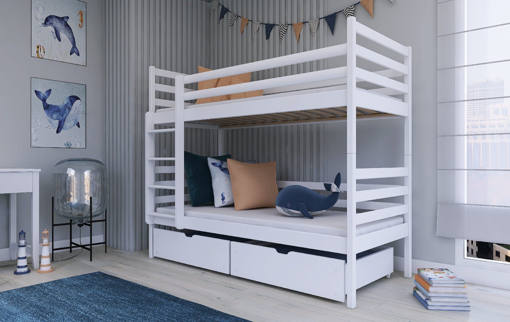 Schubladen, Lattenrost, aus Bett, Rausfallschutz NEMO Einzelbetten 90x200 Kinder Vollholz 80x180 Kinderbett für 24 umbaubar 2 in Möbel Weiß gratis, 2 (Matratzen Leiter), optional, Kiefernholz, 2 unten Hochbett Deine Etagenbett