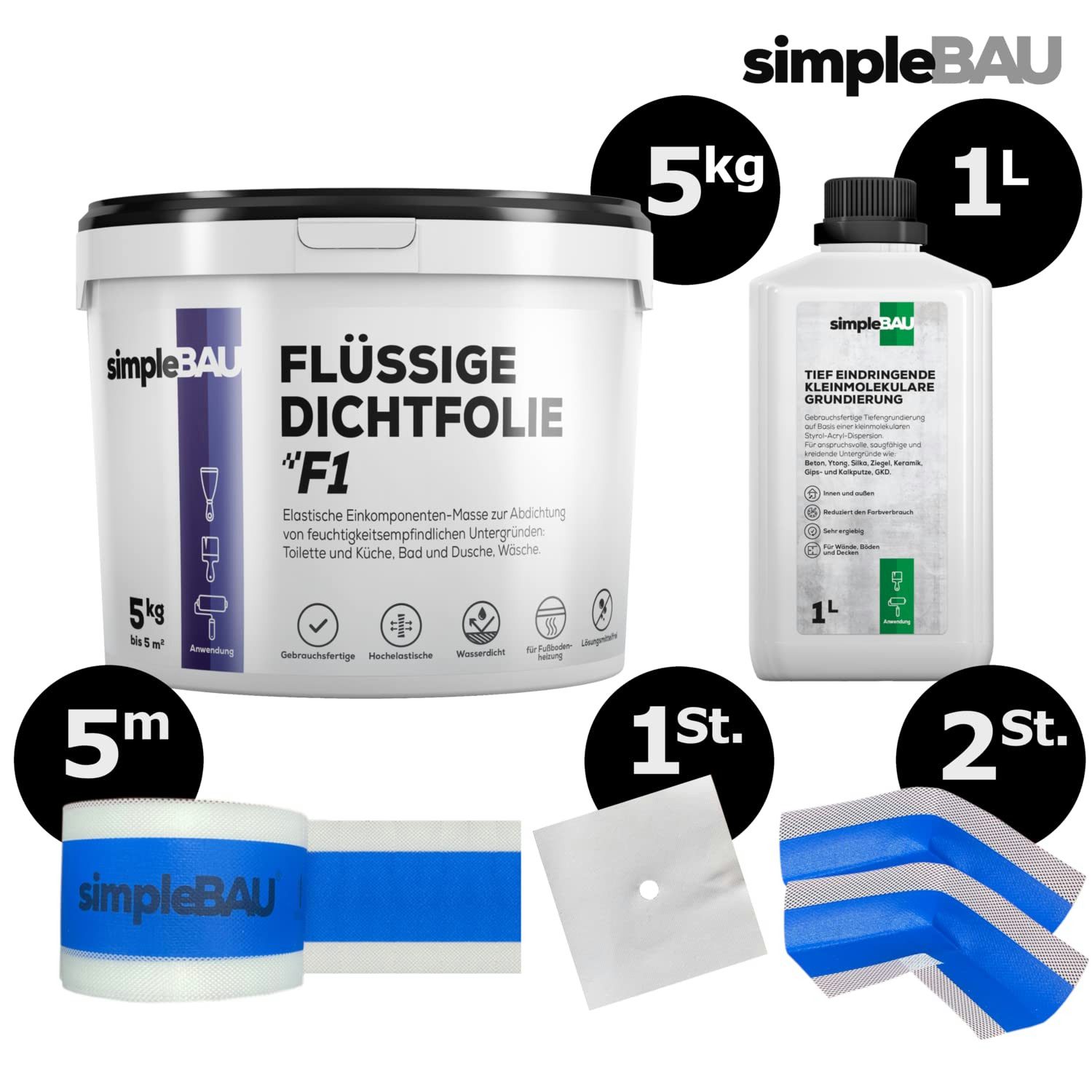 simpleBAU Dichtstoff Flüssigfolie Dichtfolie F1 5 kg + Tiefengrund 1L, (6-tlg)