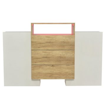 autolock Sideboard Moderner Kommode Sideboard LED Schrank Aufbewahrungsschrank, 140cm,Hochglanz-Weiß und Holzfarbe Mehrfarbige LED-Lichteffekte