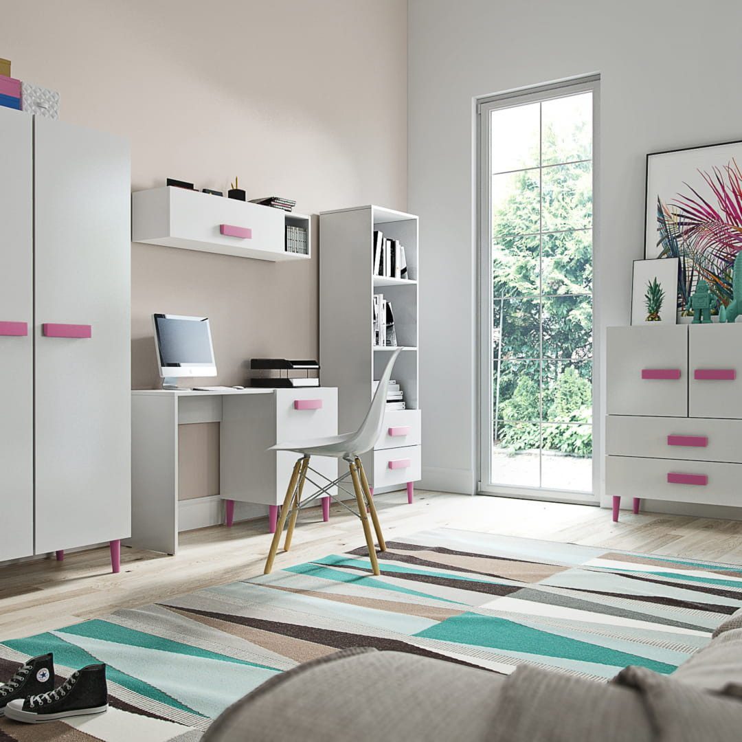 SM SEGA Jugendzimmer-Set LEMON 5-tlg Möbel für den Raum, (Kompletess Set, Klaiderschrank, Regal, Kommode, Schreibtisch, Regalwand), 5-teiliges weißes Möbelset mit einer Auswahl an Griff- und Beinfarben