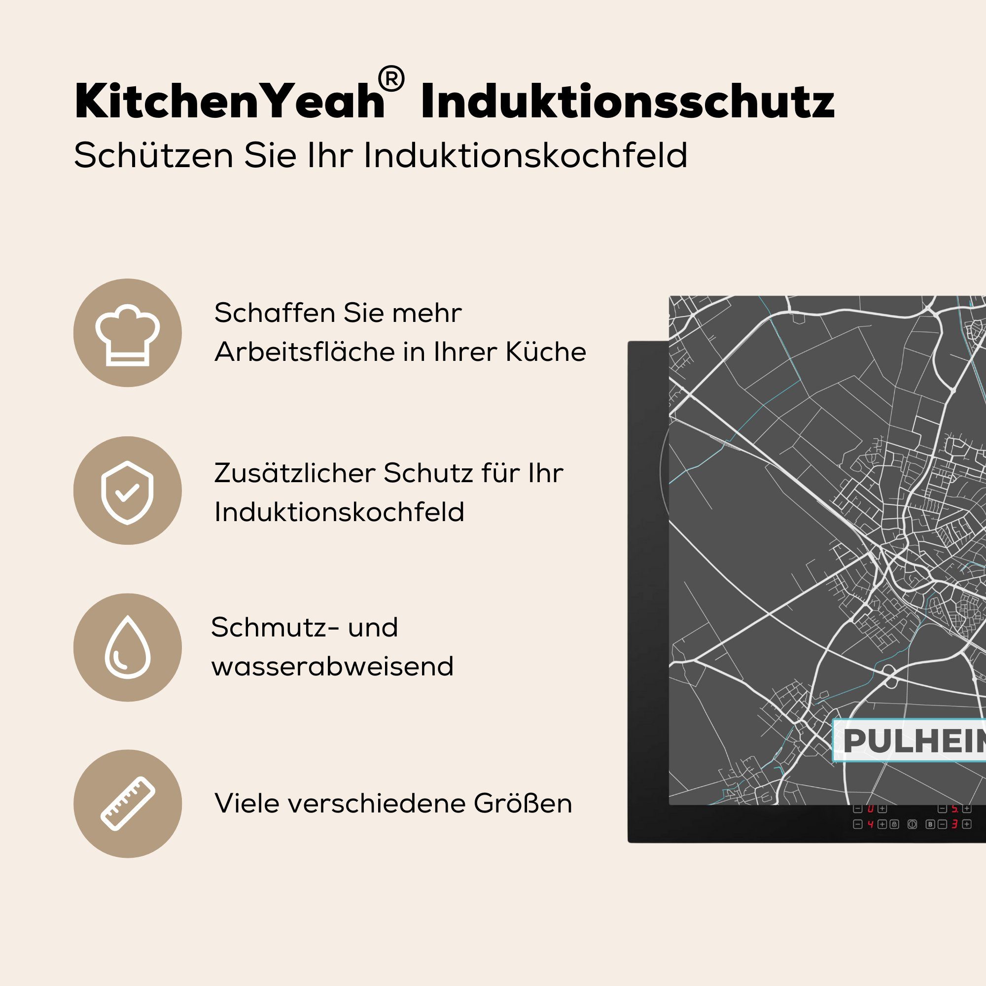 78x78 Vinyl, tlg), für - Karte küche - - - Deutschland (1 Stadtplan MuchoWow cm, Herdblende-/Abdeckplatte Ceranfeldabdeckung, Karte, Blau Pulheim Arbeitsplatte -