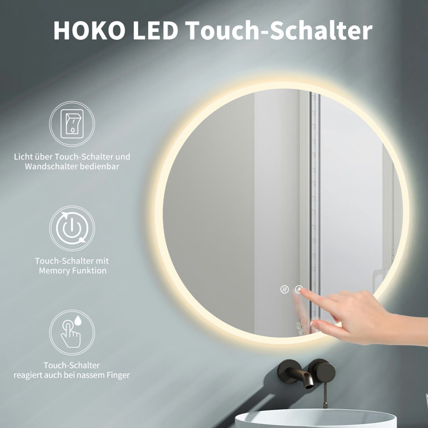 HOKO Badspiegel rund mit Beleuchtung, Anti-Beschlag und Memory-Funktion (LED-Wandspiegel mit Farbwechsel von 2700 bis 6500k, steuerbar über Touch-Schalter oder  – Bild 3 von 5