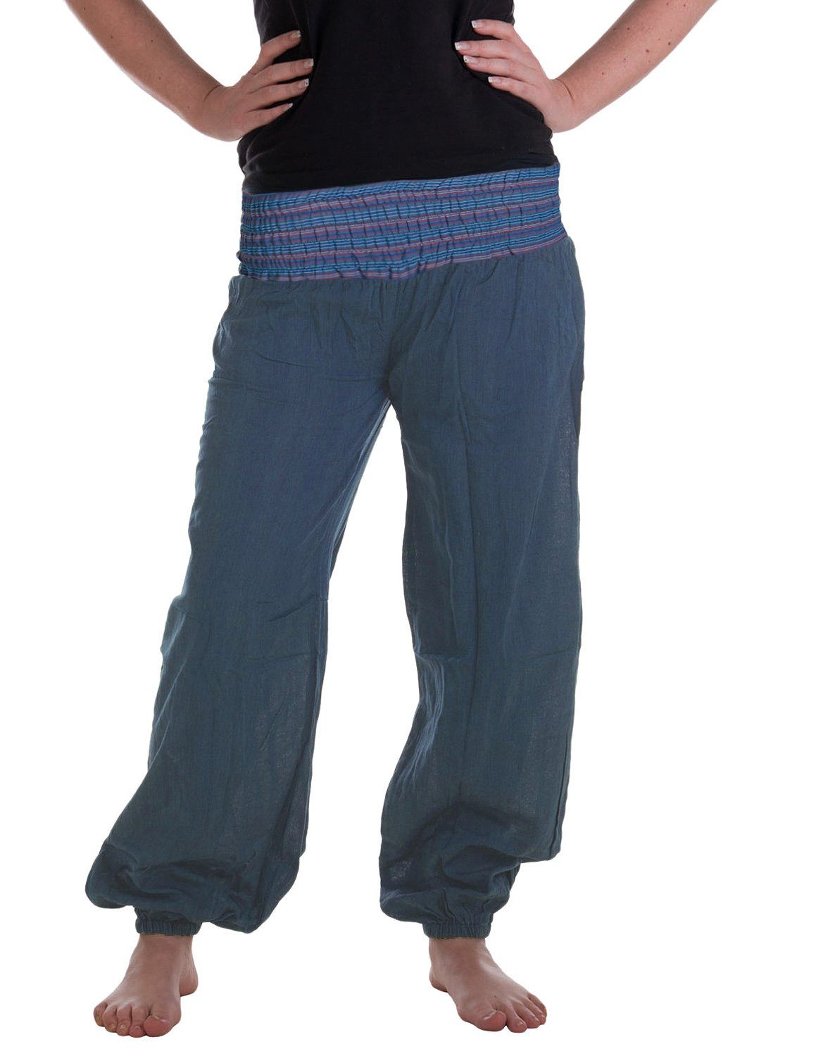 Vishes Haremshose Chino Haremshose mit super elastischem Bund Pumphose, Pluderhose mit handewebtem Stoff blau