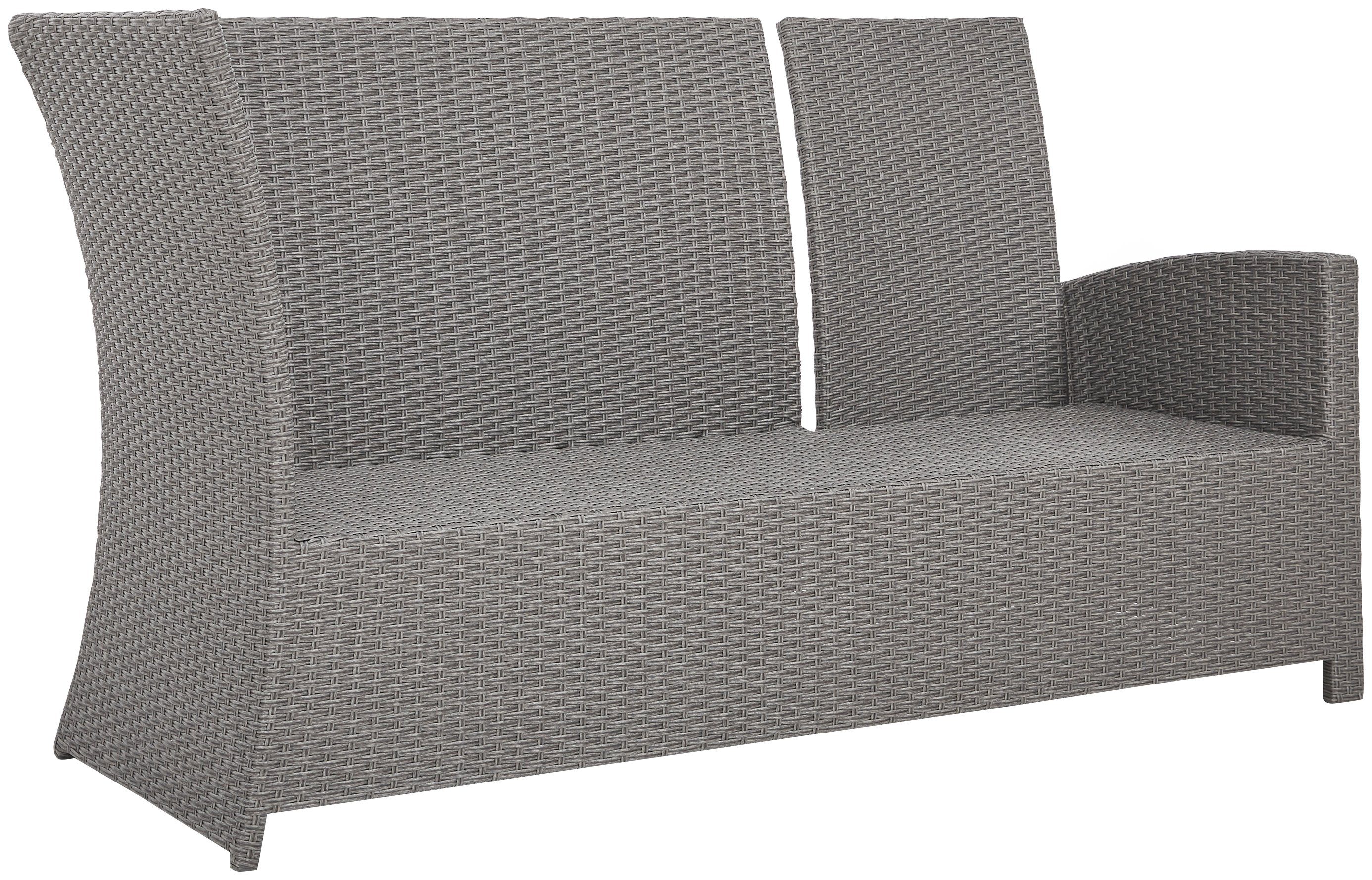 Monaco, Hocker, Tisch (16-tlg), Alu/Polyrattan 145x80 cm, hellgrau inkl. KONIFERA mit Sitzbank, Gartenlounge-Set Auflagen,