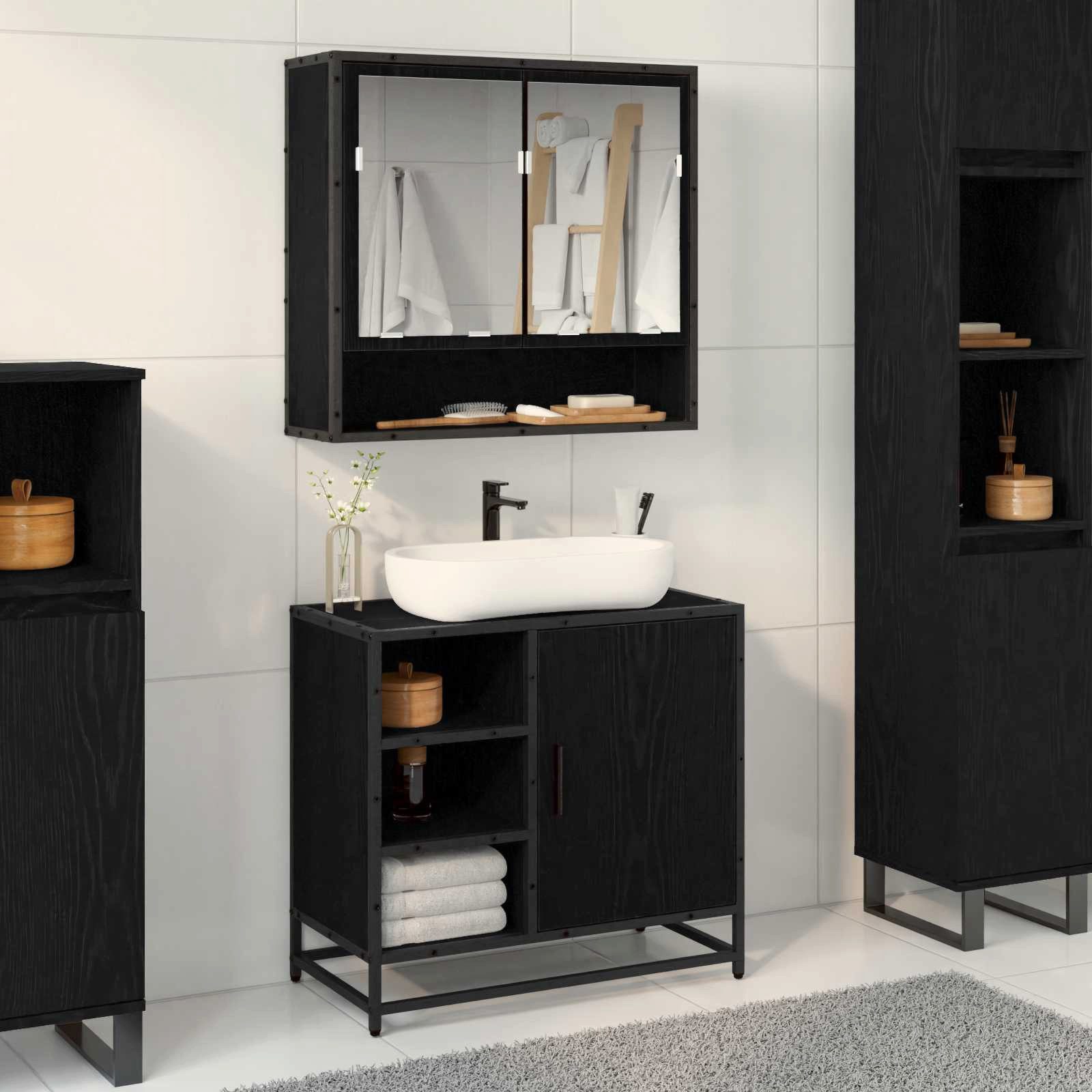 vidaXL Badezimmer-Set Badezimmerschrank Schwarz Eichen-Optik 65 x 33 x 60 cm, (1-St) – Bild 2 von 5