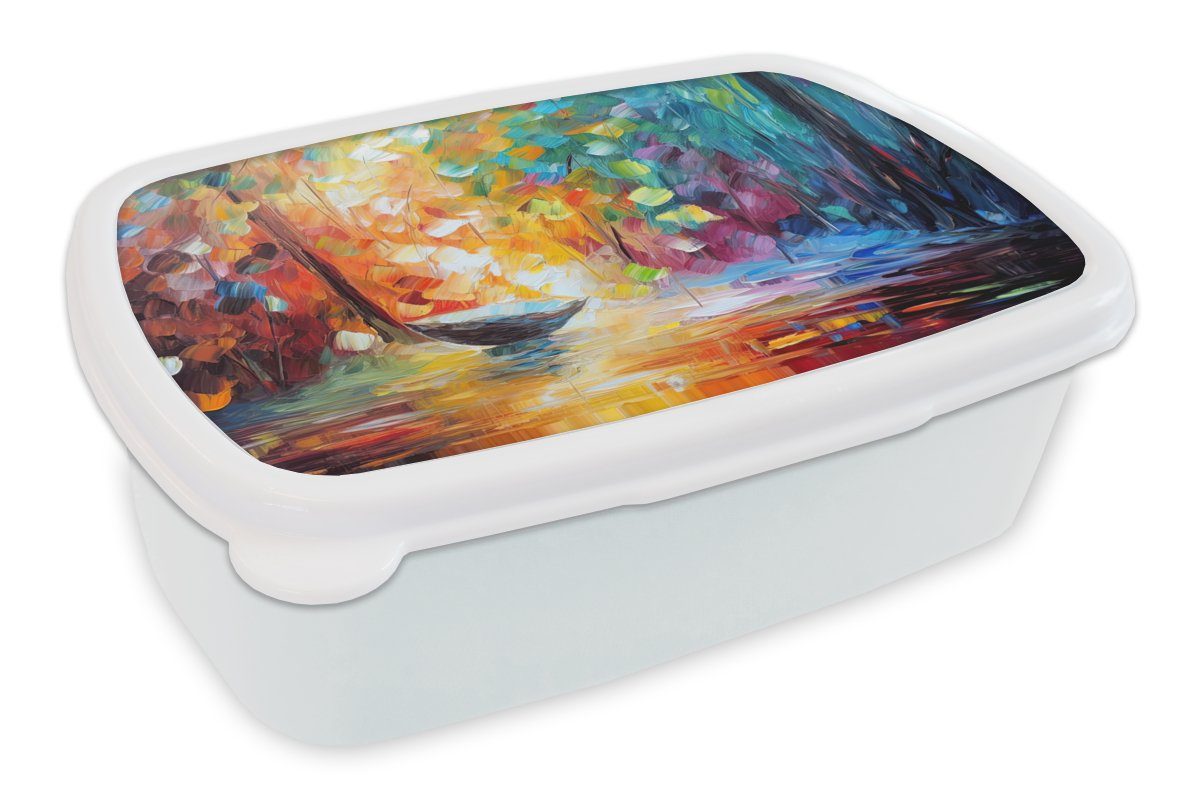 MuchoWow Lunchbox Bunt - Ölfarbe - Wasser - Boot, Kunststoff, (2-tlg), Brotbox für Kinder und Erwachsene, Brotdose, für Jungs und Mädchen weiß