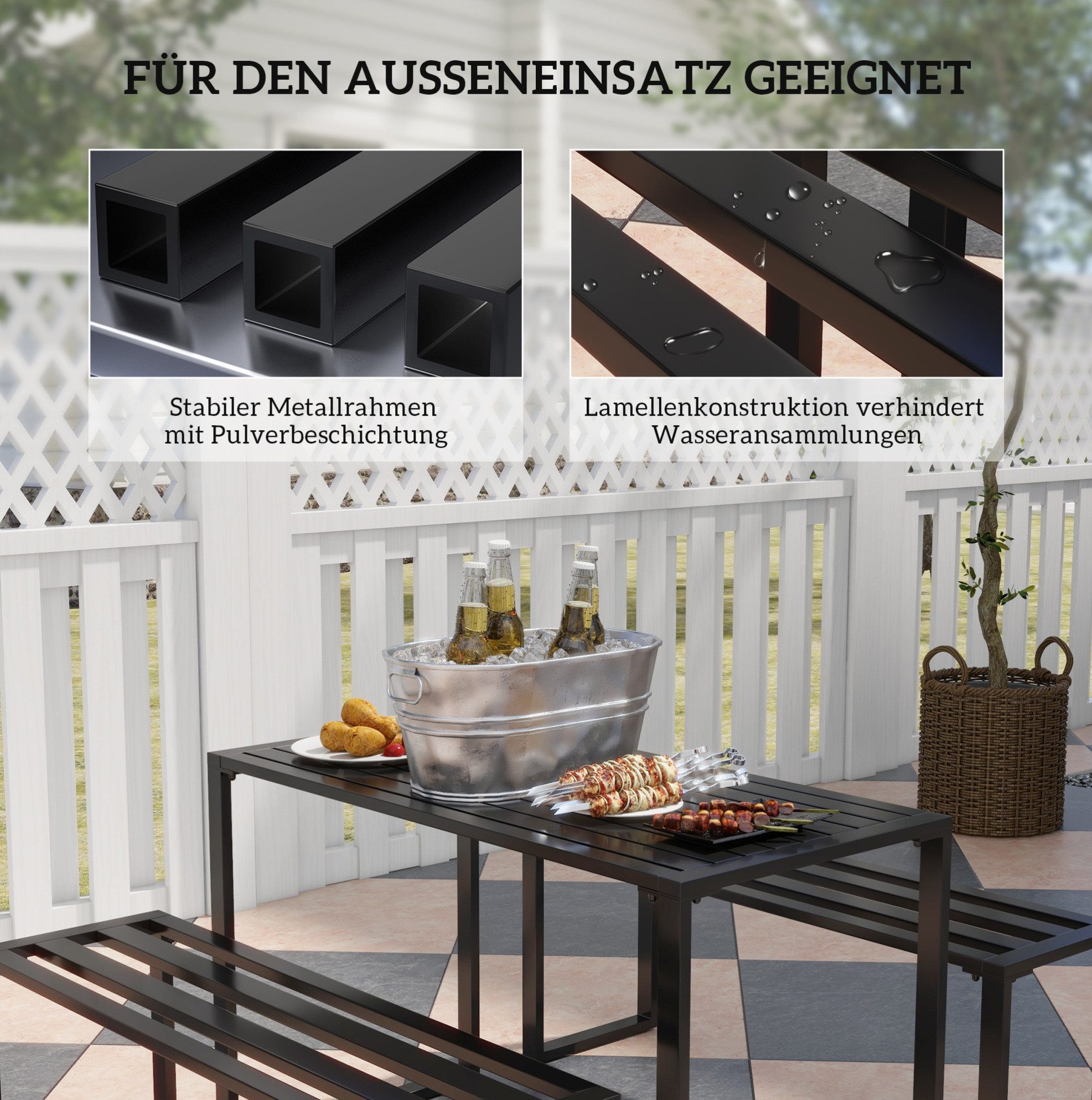 REDOM Sitzgruppe 3-tlg. 110x55x70 cm, inkl. Tisch & 2 Sitzbänke, für 4 Personen, (Set, 3-tlg., Platzsparend & wetterbeständig – für gemütliche Stunden draußen), 3-tlg. in Schwarz, Robuste Festgarnitur für Garten, Camping & Terrasse