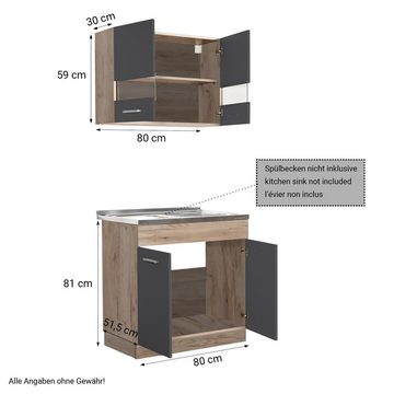 Homestyle4u Küchenzeile 80 cm ohne Geräte klein Singleküche Küchenschränke Grau matt Eiche