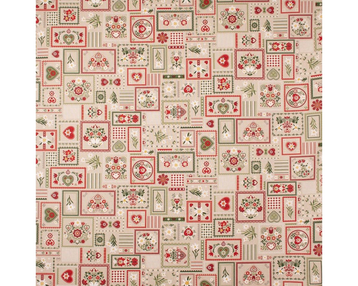 Thumbnail - SCHÖNER LEBEN. Stoff Dekostoff Landhaus Edelweiß Patchwork Blumen Herzen natur grün rot 1, pflegeleicht